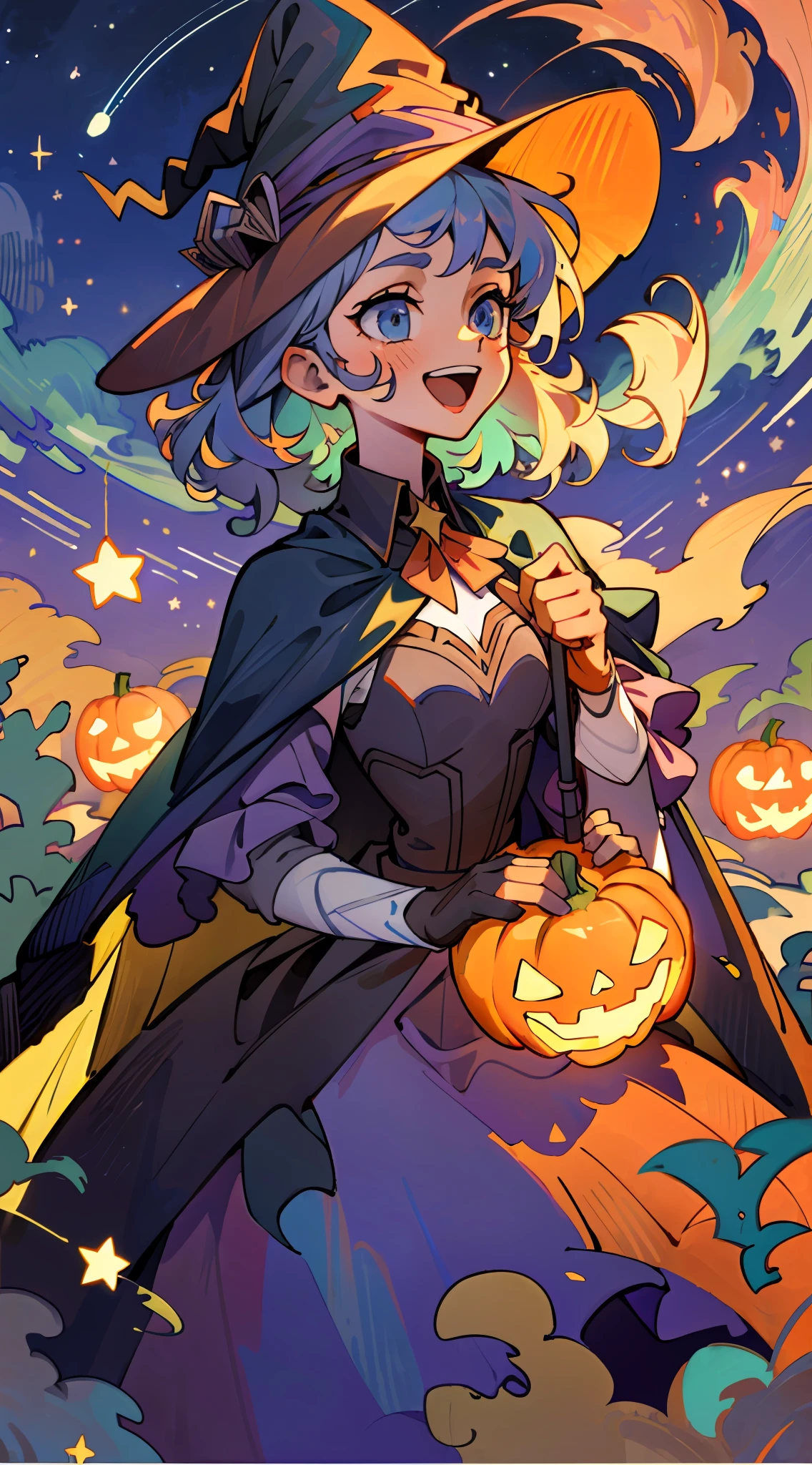 ((masterpiece:1.2, best quality)), 1girl, solo, (witch hat), a close up of a girl with curly hair, dress, aurora, night, star (sky), gloves, sky, dress, night sky, open mouth, starry sky, light blue eyes, ribbons, smile, cape, colorful hair, magic, casting spell, night, (impressionism:1.4), alphonse mucha, Halloween colors, colorful candy, magical lights, pumpkins, candies