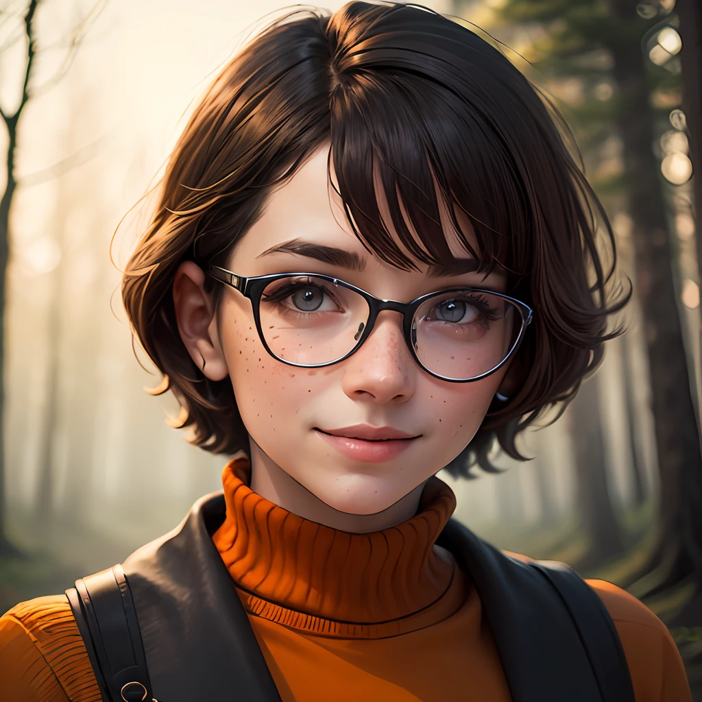 masterpiece, depth of field, photorealistic, absurd, best quality, 8k, best quality, 1boy, male, mature, portrait, perfect lighting, cinematic lighting, looking at the viewer, velma dace dinkley, solo, blush, brown eyes, (dark brown hair: 1.2), freckles, glasses, lips, looking at the viewer, nose, orange shirt, (orange sweater: 1.2), short hair, smile, sweater, (turtleneck: 1.2), turtleneck sweater,  portrait, woods, forest, pine, (night:1.2), (scary:1.2), dark, shadows, shadow, moon, smile, depth of field, abandoned, happy, magnificent glass, fog, --auto