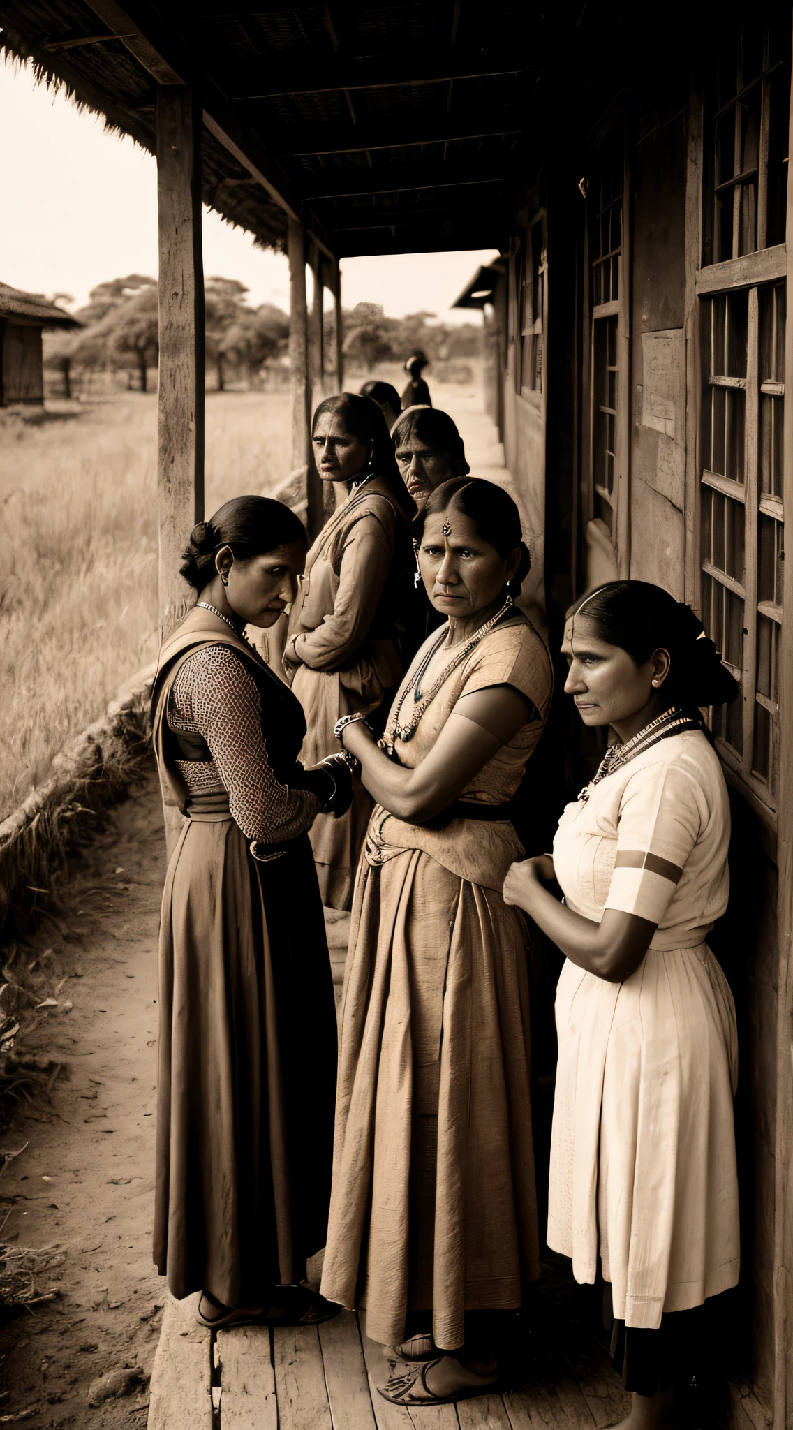 (masterpiece, vintage, raw photo:1.3), indian women from lower castes in traditional attire, captured during the 19th century, Travancore region, (sepia-toned black and white:1.2), worn edges, depicting their struggles, solemn expressions, faded backgrounds, traditional clothing reflecting their societal position, intricately woven fabrics, distinct jewelry, textured details, subtle monochromatic contrasts, historical context, side view, capturing the resilience and challenges faced by these women.