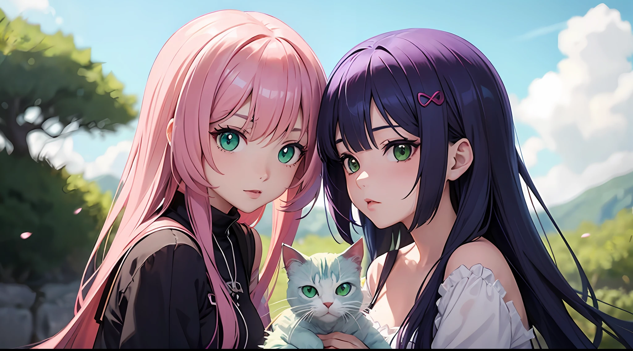 anime girl with purple hair and green eyes and a purple and green cat, 2 d anime style, anime moe artstyle, anime style 4 k, anime artstyle, stylized anime, best anime 4k konachan wallpaper, seasons!! : 🌸 ☀ 🍂 ❄, official artwork, anime style. 8k, colorful]”, anime stylized