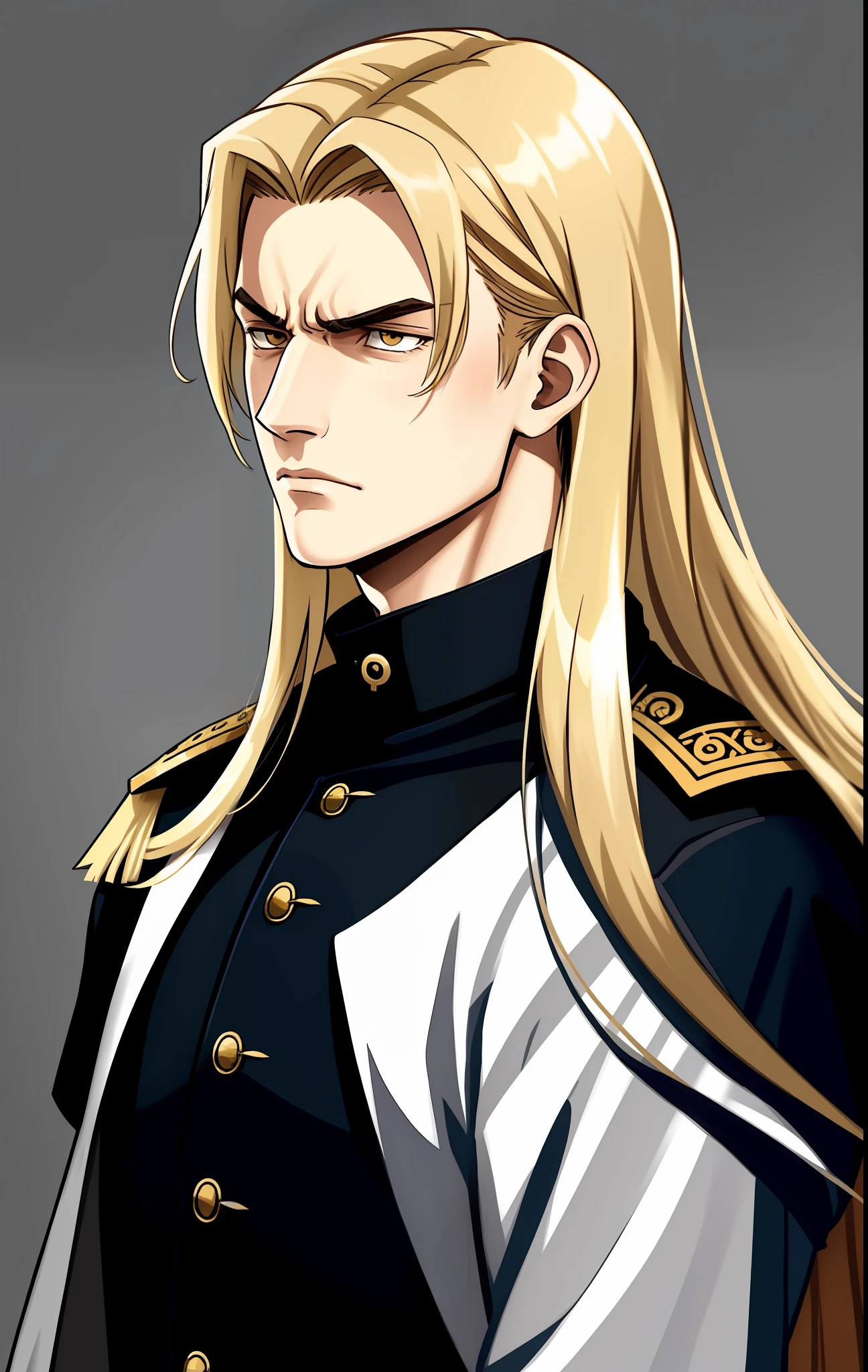 Young general with long blonde hair from the 40's, with a sullen face, black clothes, man, anger