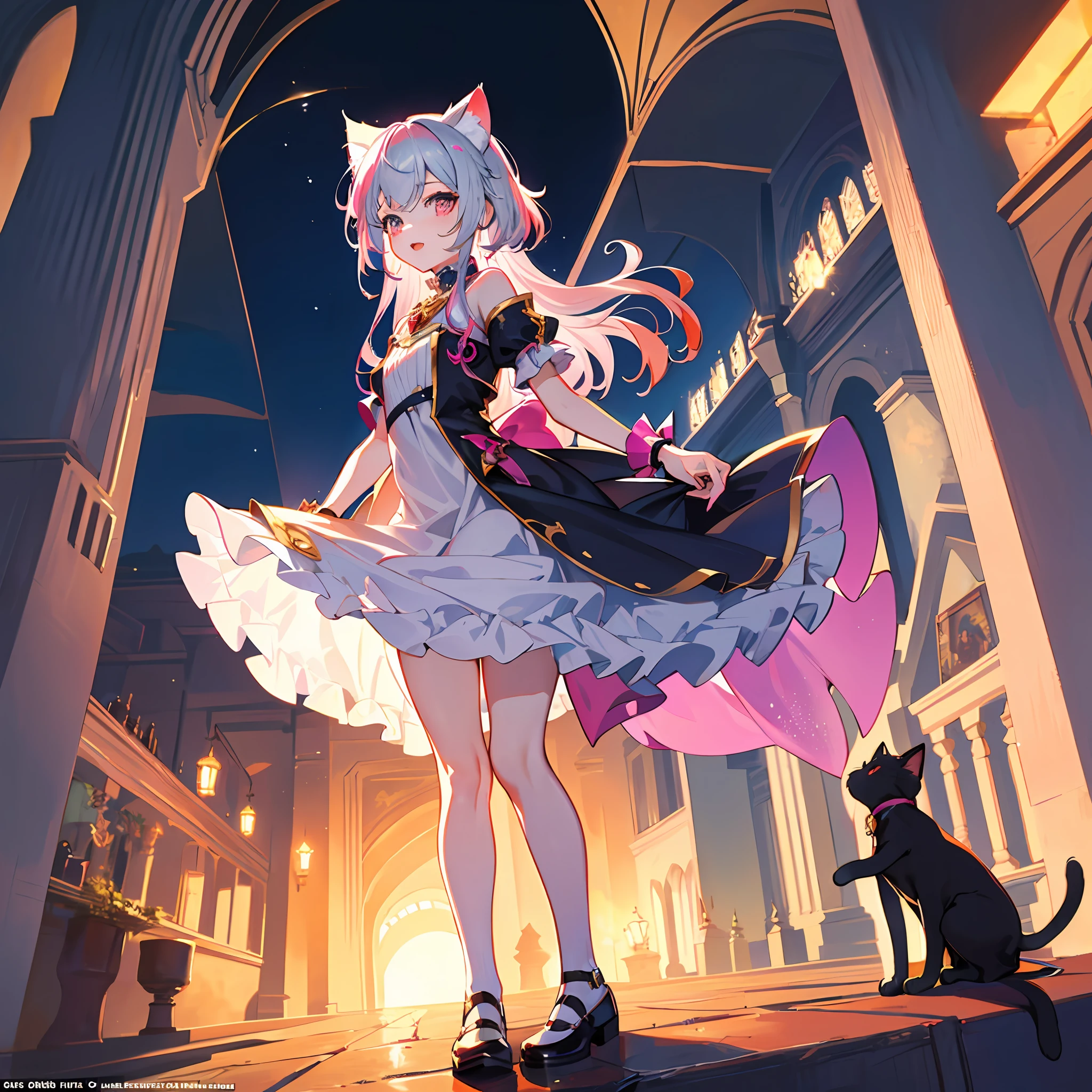 High Resolution: 1.7, Incredibly Ridiculous, Cute: 1, Cute: 1.5, Hires.fix: 1.5, Anime Visuals: 1, Incredibly Fine Illustrations, Crystal Clear White Skin, Sensual, Full Body, One Girl,  School, (((14 years ol World, Fantasy, Cat-Eared Girl, High Angle, Inside the Castle, Silver Hair with Pink Hair, Cute Dress, Princess, lift-up skirt, head down