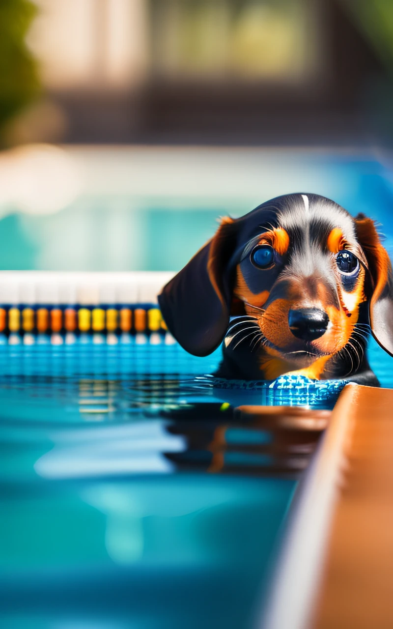 hyper Quality,Cute two Dachshund puppies,different body colors,swimming in the pool,black eyes,barking,narrow eyes,smile,eos r3 28mm