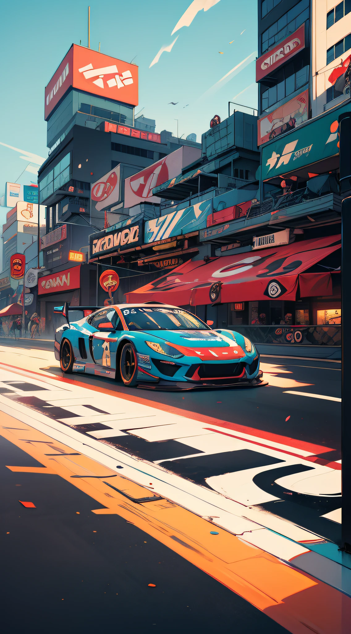 Best quality, masterpiece, josan gonzalez style, city background, street traffic jam, racing full shot, race scene, multi-racing, rich colors