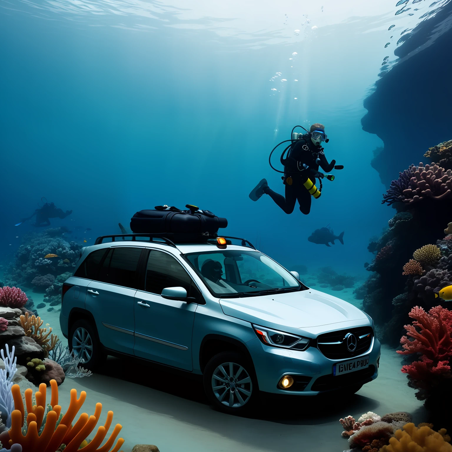 Scuba diver driving a car