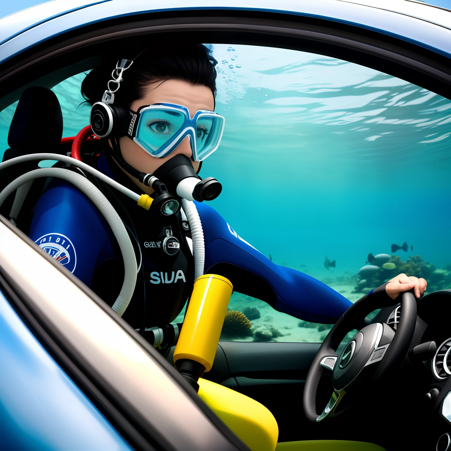 Scuba diver driving a car