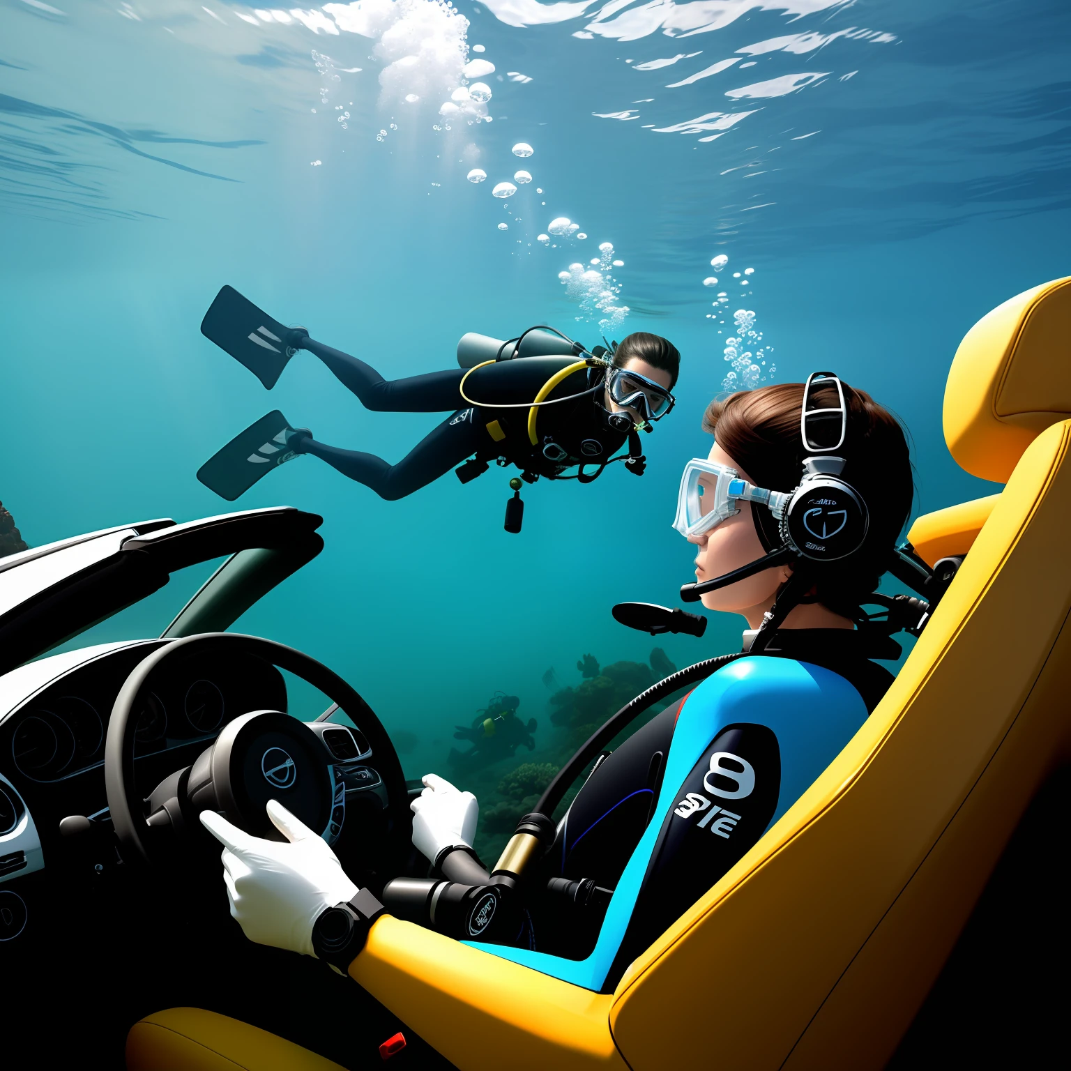 Scuba diver driving a car
