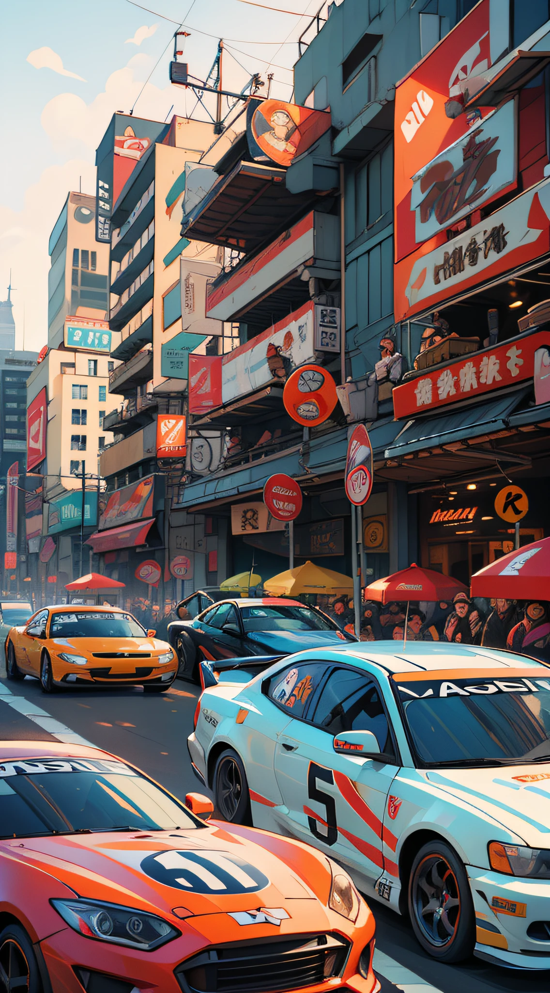 Best quality, masterpiece, josan gonzalez style, city background, street traffic jam, racing full shot, race scene, multi-racing, rich colors
