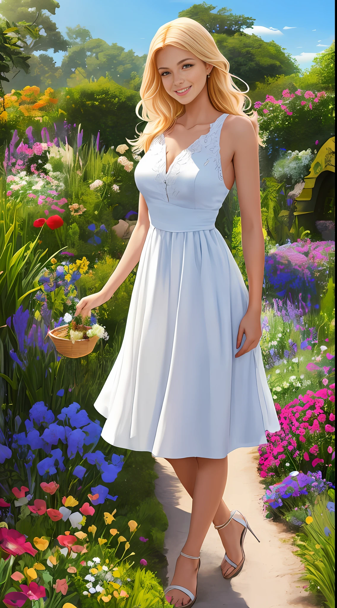 1 solo radiant blonde woman, blue dress, long white and decent. with long flowing hair, a smile that lit up everyone around. White, blue dress. Taking care of the garden with love and dedication, flower and butterfly in perfect harmony Illustration of 1 solo blonde woman in blue white dress in flower garden with blue sky of clouds, playing with butterflies. Beautiful illustration, beautiful painting, beautiful UHD 4k art, beautiful art, a beautiful art illustration, art in the style of guweiz, beautiful painting, atey ghailan 8k, artgerm and atey ghailan, happy in a flower garden, playing butterflies, (butterflies). (best quality, masterpiece), 1 solo woman, blonde, pose, particle, wind, flower, full body, garden background, looking at butterflies. --auto