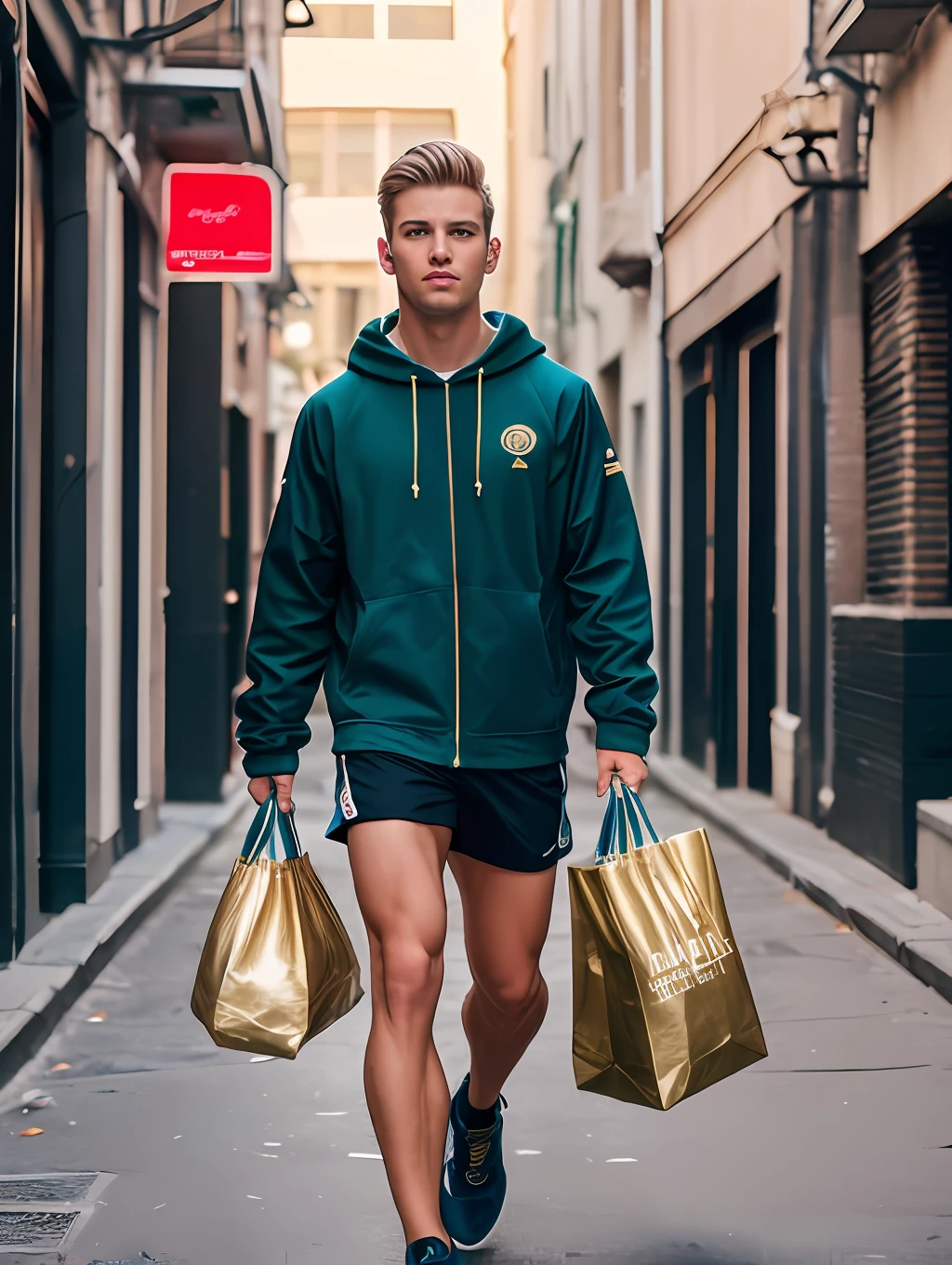A fashion photography in the style of Mario Testino of an insanely handsome male Australian model, green eyes, short messy windy blonde hair, closeup zoomed in tight crop portrait, running down a (alley on a big city scene people shops cars:1.2) wearing a (sports clothing:1.3) (shopping bags on his hand:1.3) (Lighting-Gold:1.2) action shot foreground objects background details (masterpiece:1.2) (photorealistic:1.2) (bokeh:1.2) (best quality) (color grading) (detailed skin:1.3) (intricate) (8k) (HDR) (cinematic lighting:1.3) (sharp focus), messy windy hair, very masculine fashion photography in the style of Mario Testino.