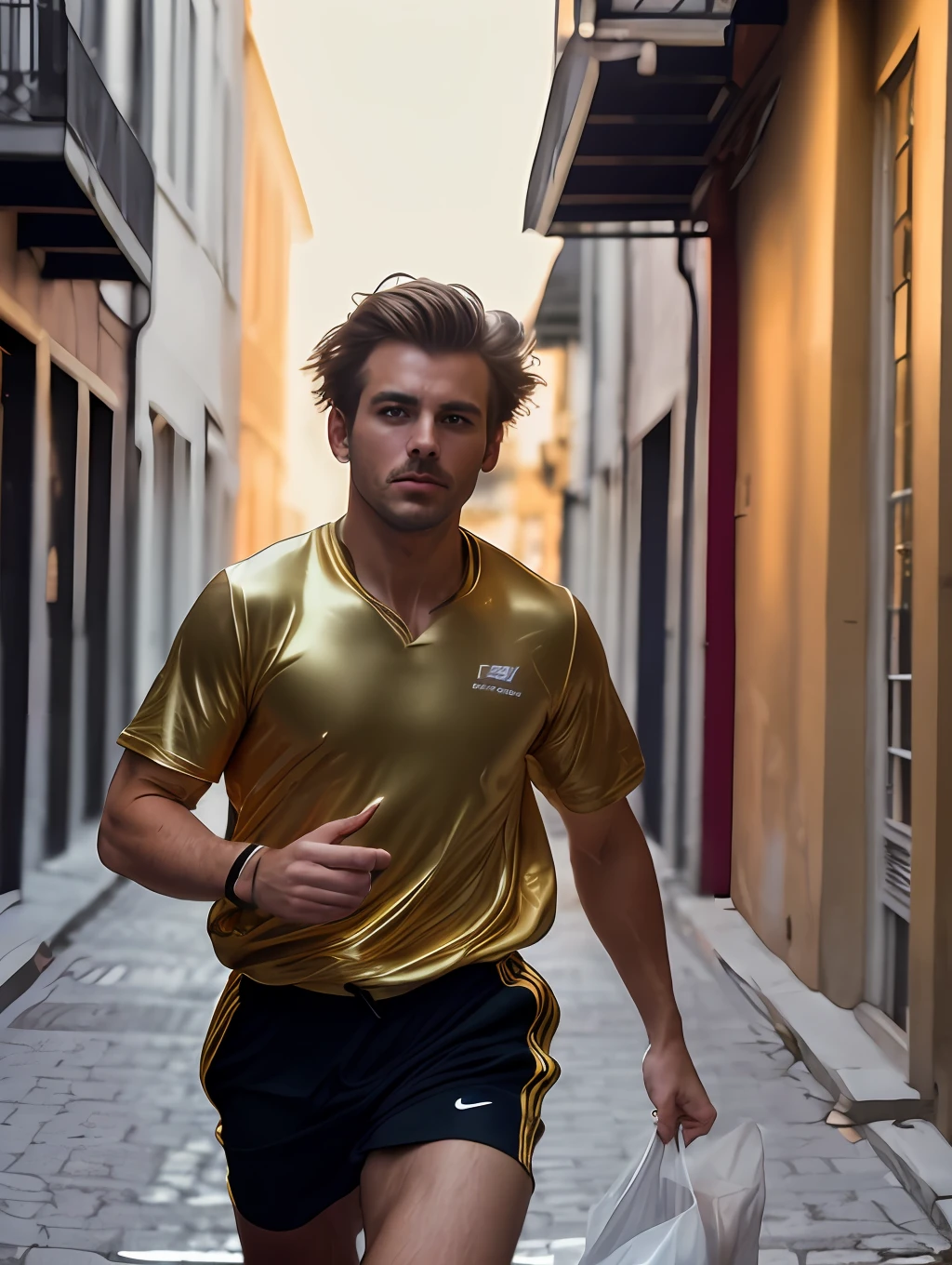 A fashion photography in the style of Mario Testino of an insanely handsome male Australian model, green eyes, short messy windy blonde hair, closeup zoomed in tight crop portrait, running down a (alley on a big city scene people shops cars:1.2) wearing a (sports clothing:1.3) (shopping bags on his hand:1.3) (Lighting-Gold:1.2) action shot foreground objects background details (masterpiece:1.2) (photorealistic:1.2) (bokeh:1.2) (best quality) (color grading) (detailed skin:1.3) (intricate) (8k) (HDR) (cinematic lighting:1.3) (sharp focus), messy windy hair, very masculine fashion photography in the style of Mario Testino.
