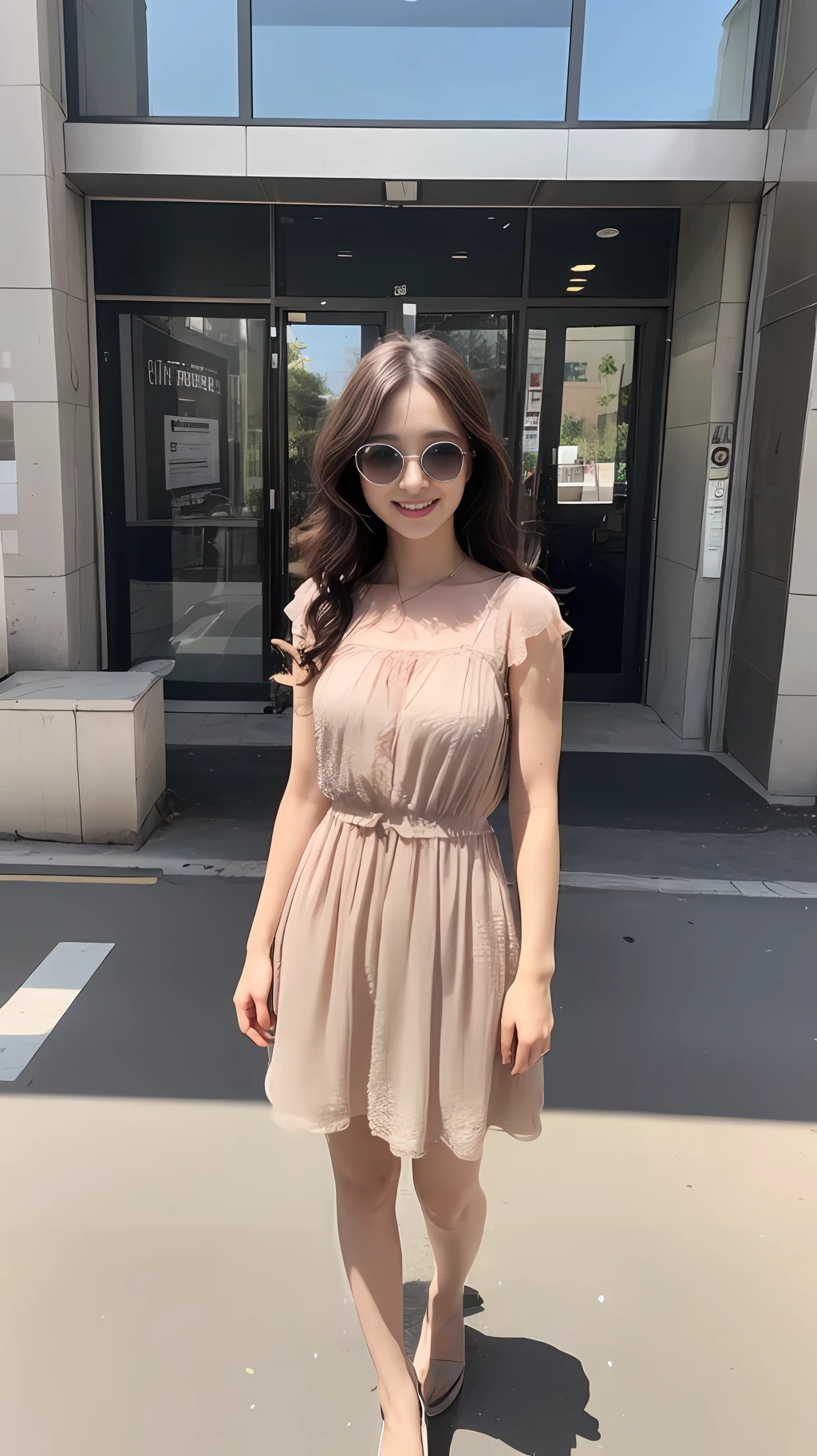 ((Best Quality, 8k, Masterpiece: 1.3)), 1 girl, smile, full body, slim face, pretty woman, (dark brown short curls), full length dress :1.1, super detailed face, detailed eyes, double eyelids, blurred background, slim face, city, outside, glasses, street,