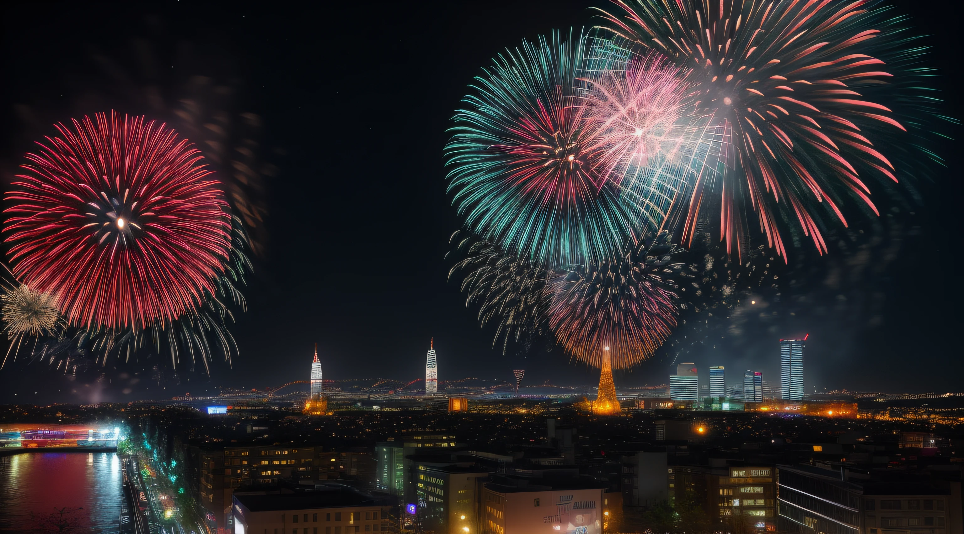 (((realistic photography))), RAW Photo, cg unity, photography, ultra realistic details, sharp focus, detailed skin,4k, high-res, masterpiece, best quality, realistic, vibrant:1.2, 8k,4k, fireworks are lit up over a city skyline at night, [ fireworks in the sky ]!!, fireworks in background, fireworks in the background, happy!!!, fireworks, fireworks on the background, future!!, firework, vivid!!, new years eve, rendering, high resolution!!, shutterstock, beautiful!!, beautiful colorful, vivid colors!!, Ferris wheel, minato-mirai, Yokohama, kanagawa, Japan