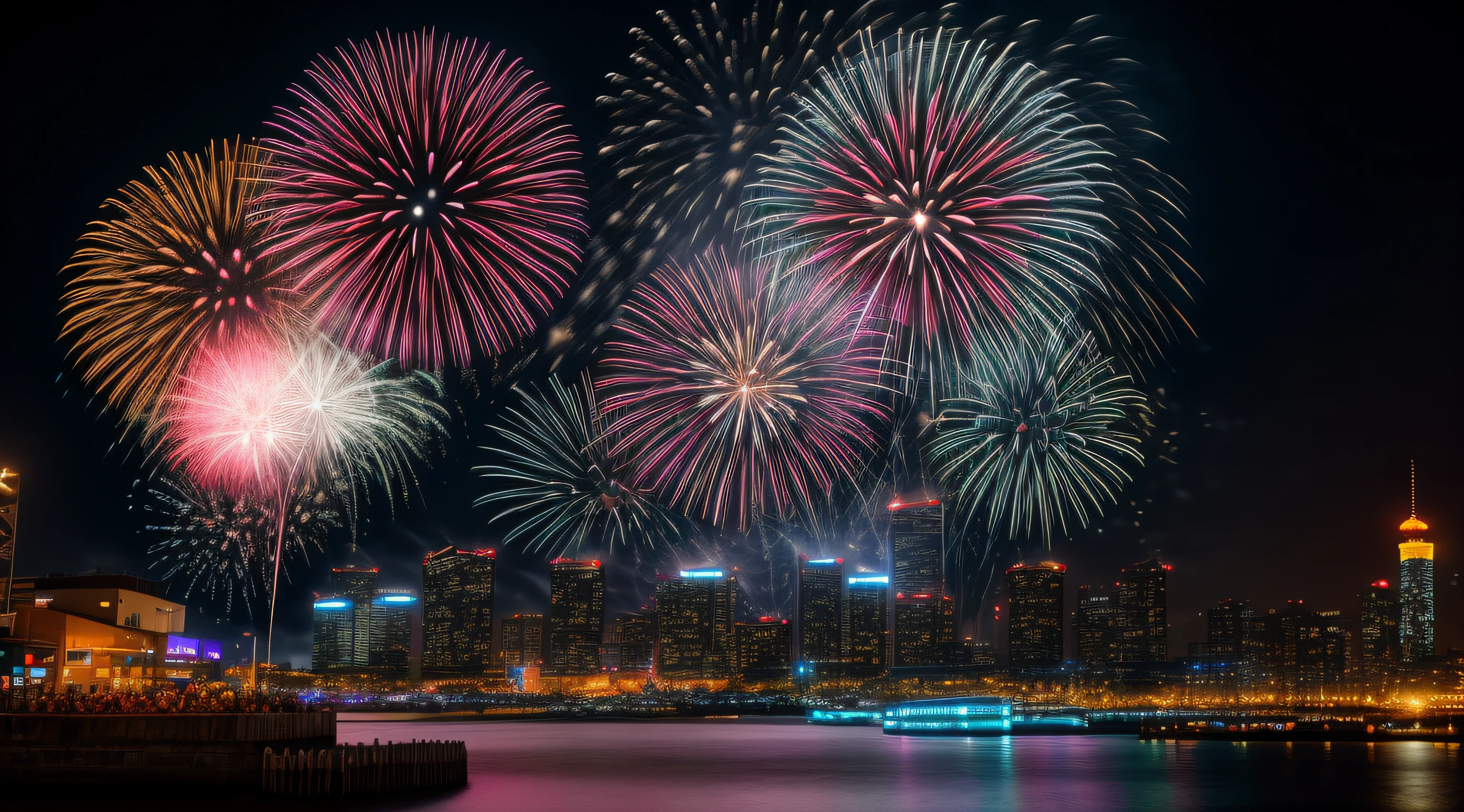 (((realistic photography))), RAW Photo, cg unity, photography, ultra realistic details, sharp focus, detailed skin,4k, high-res, masterpiece, best quality, realistic, vibrant:1.2, 8k,4k, fireworks are lit up over a city skyline at night, [ fireworks in the sky ]!!, fireworks in background, fireworks in the background, happy!!!, fireworks, fireworks on the background, future!!, firework, vivid!!, new years eve, rendering, high resolution!!, shutterstock, beautiful!!, beautiful colorful, vivid colors!!, Ferris wheel, minato-mirai, Yokohama, kanagawa, Japan