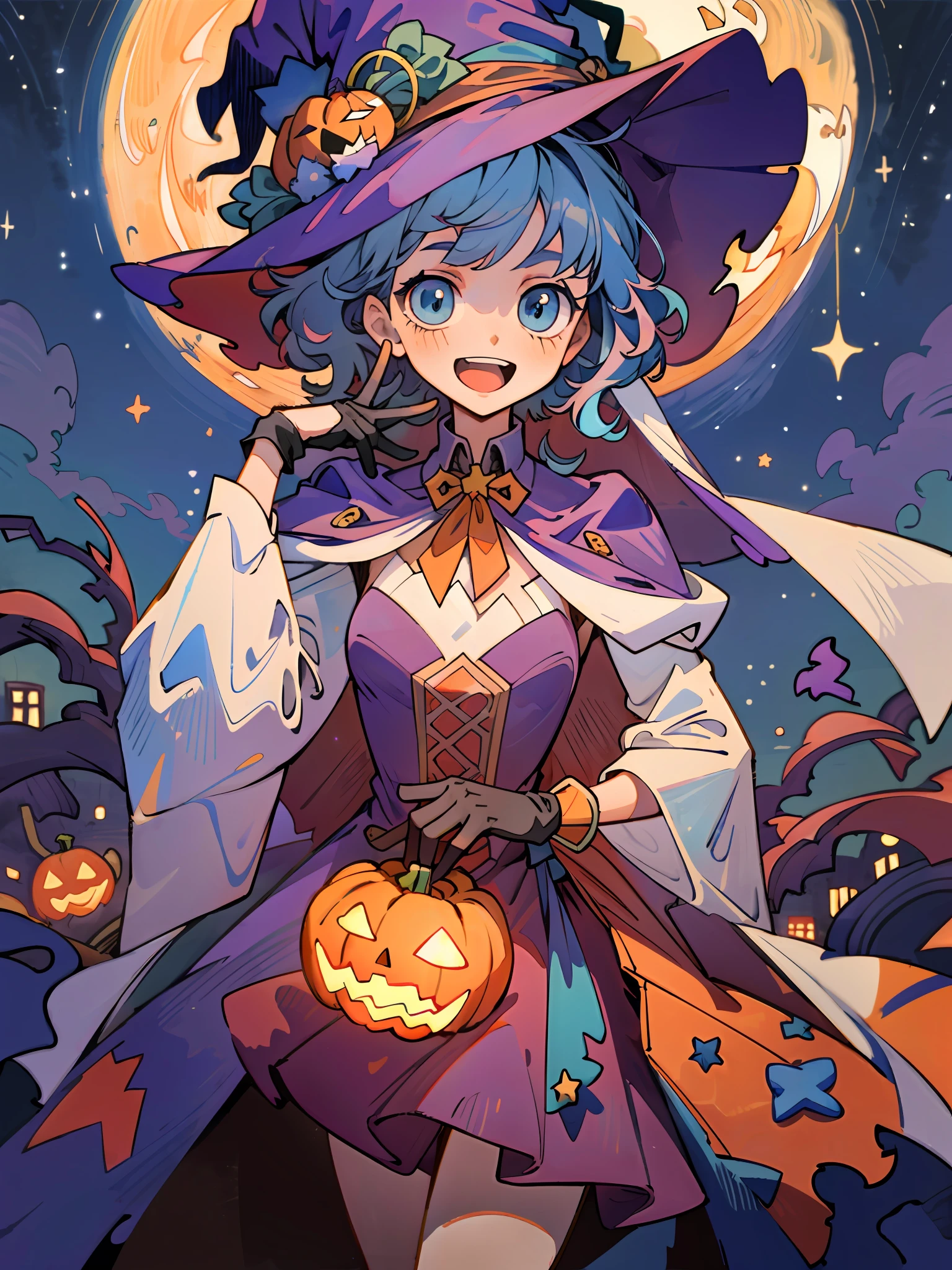 ((masterpiece:1.2, best quality)), 1girl, solo, (witch hat), a close up of a girl with curly hair, dress, aurora, night, star (sky), gloves, sky, dress, night sky, open mouth, starry sky, light blue eyes, ribbons, smile, cape, colorful hair, magic, casting spell, night, (impressionism:1.4), alphonse mucha, Halloween colors, colorful candy, magical lights, pumpkins, candies