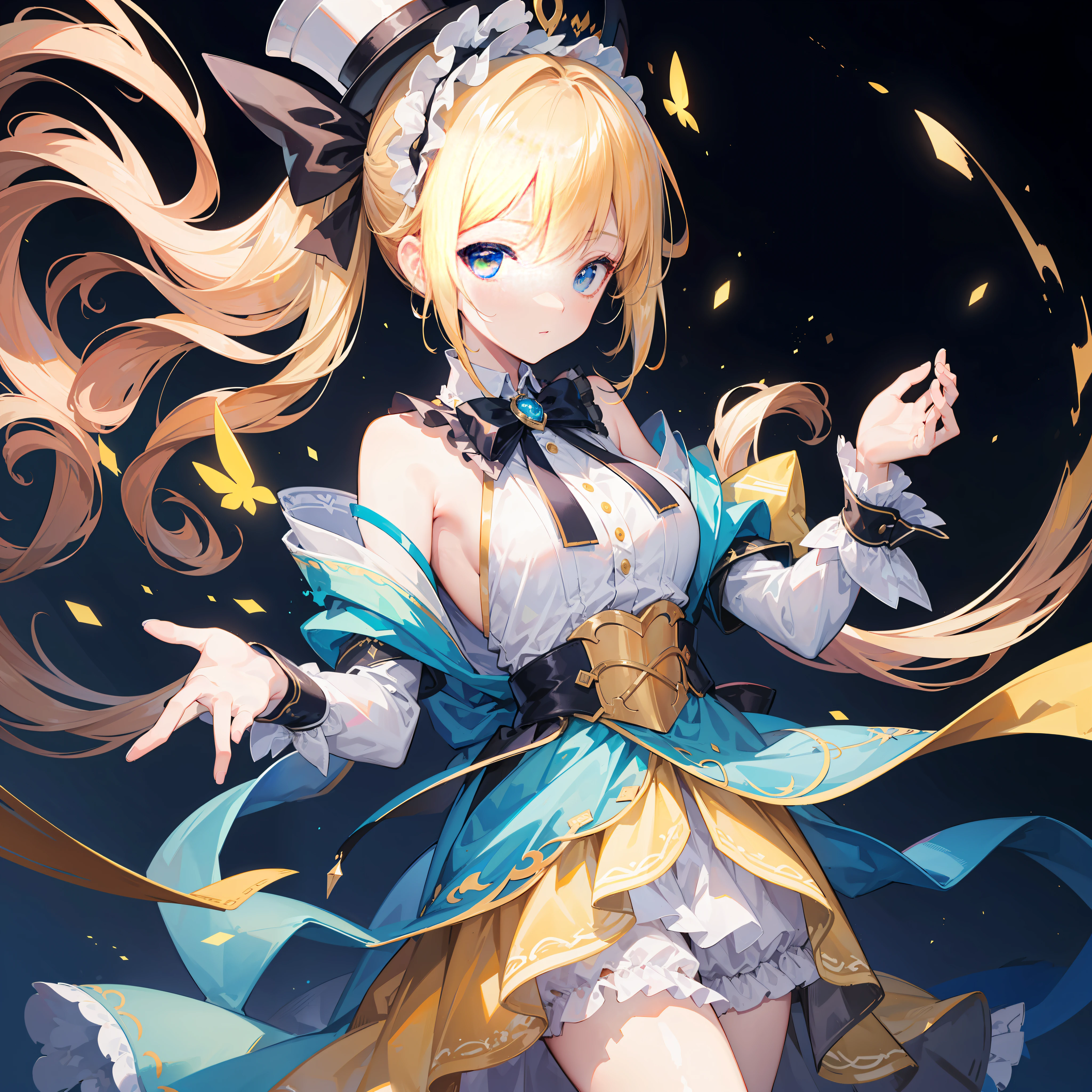 Masterpiece, best quality, (very detailed CG Unity 8k wallpaper) (best quality), (best illustration), (best shadow) (full body picture), double ponytail girl, light blue princess dress, big bow back ornament, yellow tunic, top hat headdress, yellow haired girl, cute, cute