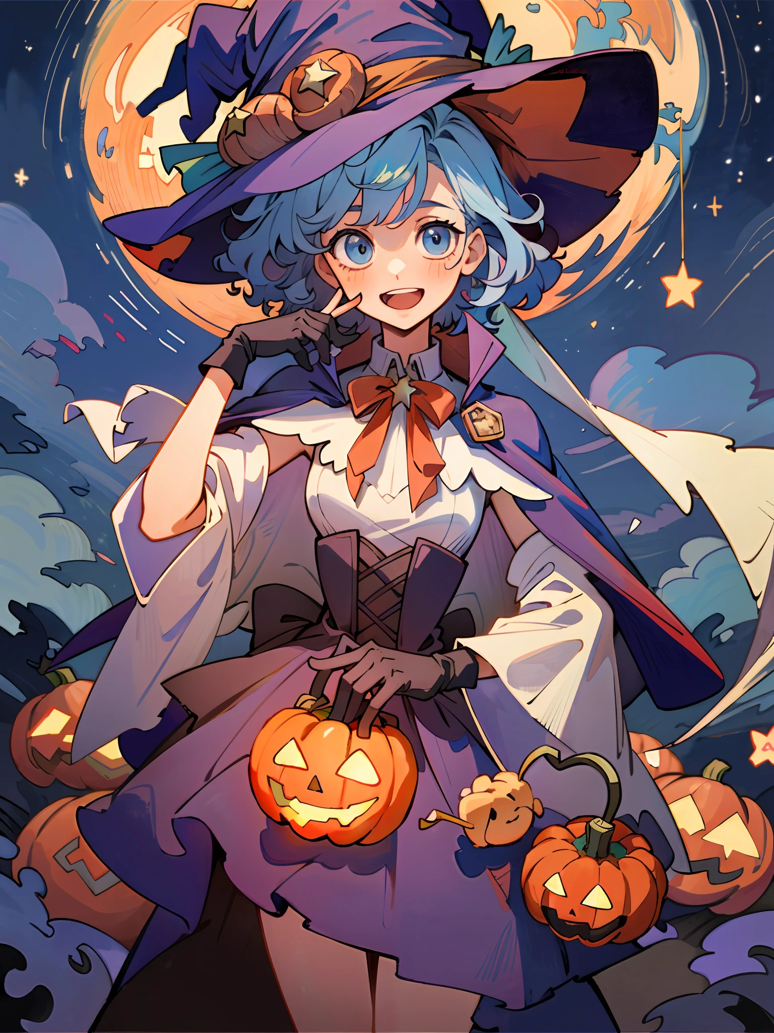 ((masterpiece:1.2, best quality)), 1girl, solo, (witch hat), a close up of a girl with curly hair, dress, aurora, night, star (sky), gloves, sky, dress, night sky, open mouth, starry sky, light blue eyes, ribbons, smile, cape, colorful hair, magic, casting spell, night, (impressionism:1.4), alphonse mucha, Halloween colors, colorful candy, magical lights, pumpkins, candies