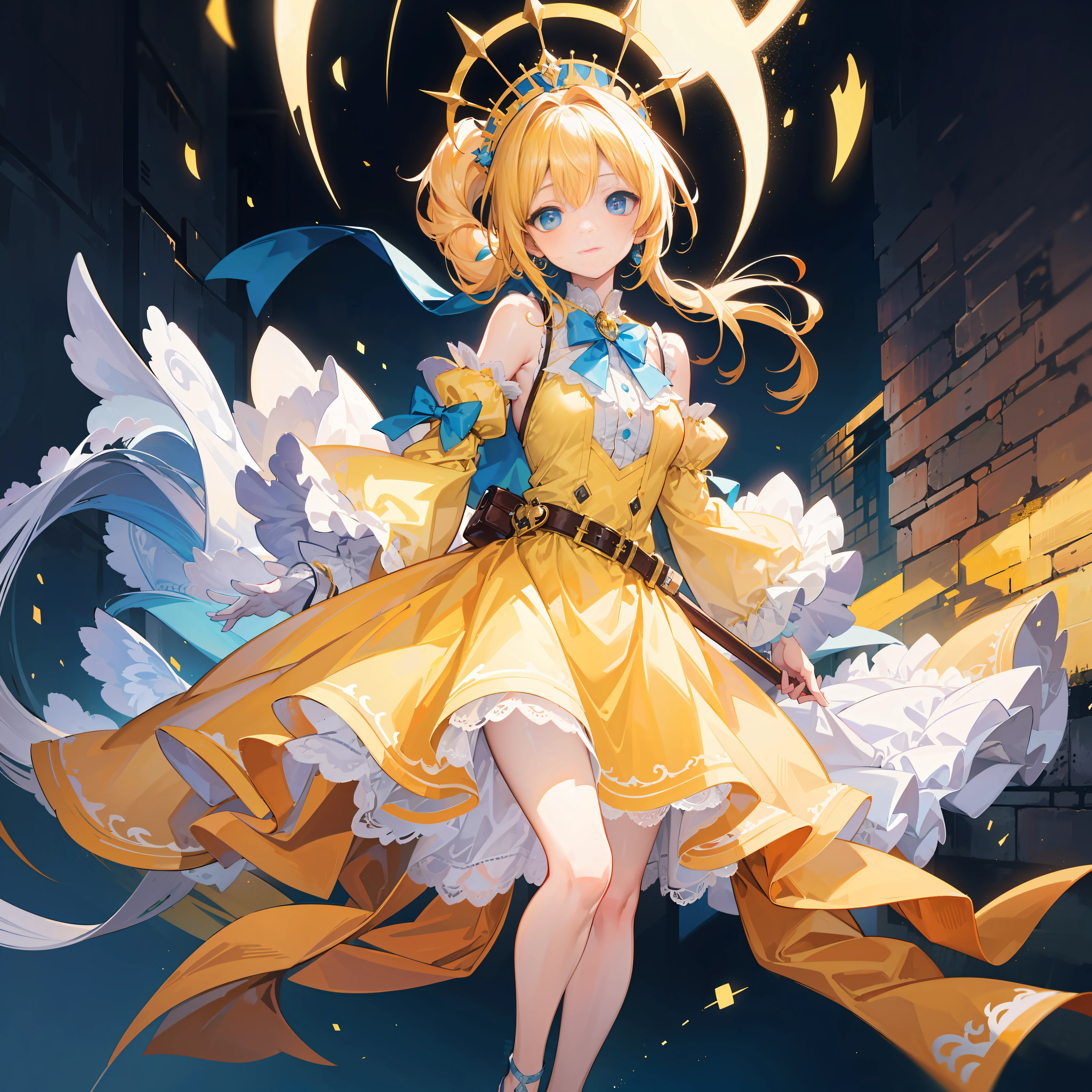 Masterpiece, best quality, (very detailed CG Unity 8k wallpaper) (best quality), (best illustration), (best shadow) (full body picture), double ponytail girl, light blue princess dress, big bow back ornament, yellow tunic, top hat headdress, yellow haired girl, cute, cute