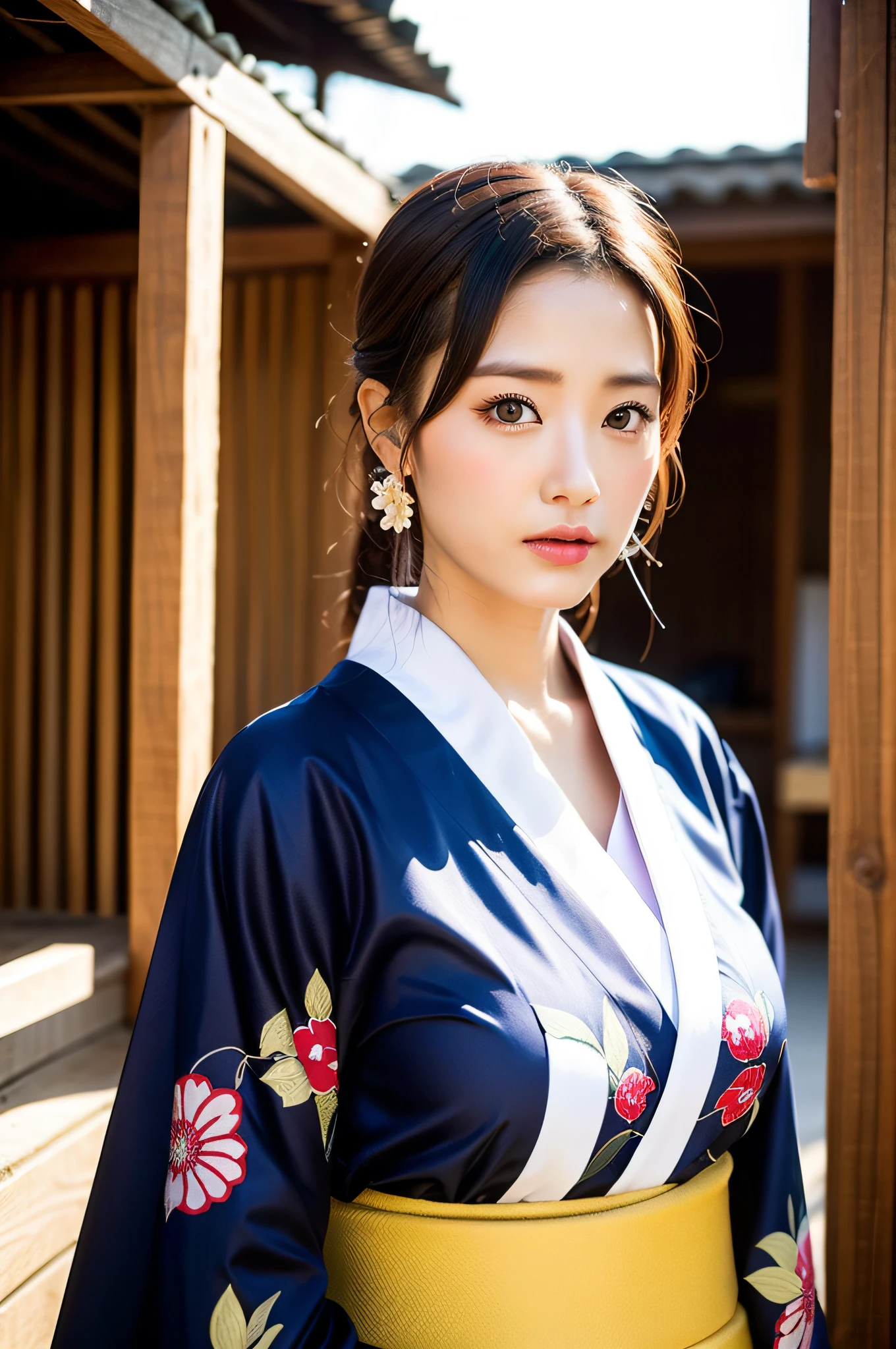 ((Best Quality, 8K, Masterpiece: 1.3)), Sharp Focus: 1.2, (Super Beautiful Face: 1.0), (Slender Abs Beauty: 1.0), (Shiny Skin: 1.0), Realistic Photography, Black Hair, Realistic Pupils, Video Lighting, High Definition Eyes and Face, Video Lighting, (Cowboy Shot: 1.3), (Kimono, Hakama, Obi: 1.4), (Korean Cute Actress), Traditional Kimono, Front Off, Big