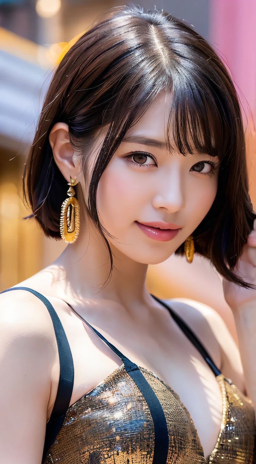 (8k, RAW photos, top quality, masterpiece: 1.2), ultra detail, super resolution, (real, real photos: 1.37), portraits, high definition RAW color photos, solo, professional photos, very detailed and beautiful, highly detailed, 8k wallpapers, amazing details, huge file size, official art, highly detailed CG Unity 8k wallpapers, highly detailed beautiful girls, Highly detailed face, very detailed eyes, very detailed skin, very detailed fingers, very detailed nose, very detailed detailed mouth, perfect anatomy, detailed background, (golden luxury dress, full dress, no bra, Academy Awards, red carpet), detailed clothes, one girl, (20:1.2), 20s, cute girl, realistic body, petite, white skin, radiant skin, slim body, Handsome Body, Black Hair, Short Hair, (Blunt Bangs: 1.2), Smile, Cute, Youthful, Pretty Face, Realistic Face, Chinese Beauty, Delicate Eyes, Saggy Eyes, Earrings, Camera Gaze, Front Face, Standing Posture, Contrapposto, Dynamic Lighting, Super Big