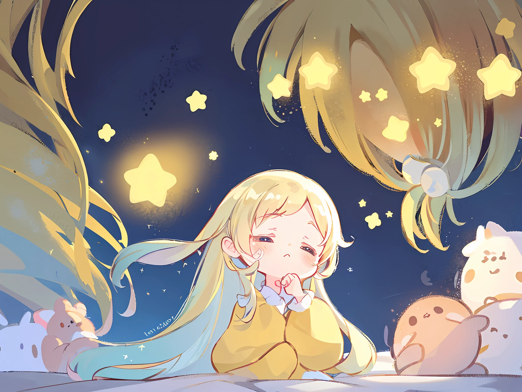 Top quality, masterpiece, super high resolution, pretty facial features, flat design, yellow theme,
1 girl, favorite , star eye, (sleepy eyes: 1.1), (cute yellow nightdress), cute, one hand on face, bedtime, disheveled long hair,
(simple dark background), giant stars shining in the dark, cure, ziyu,