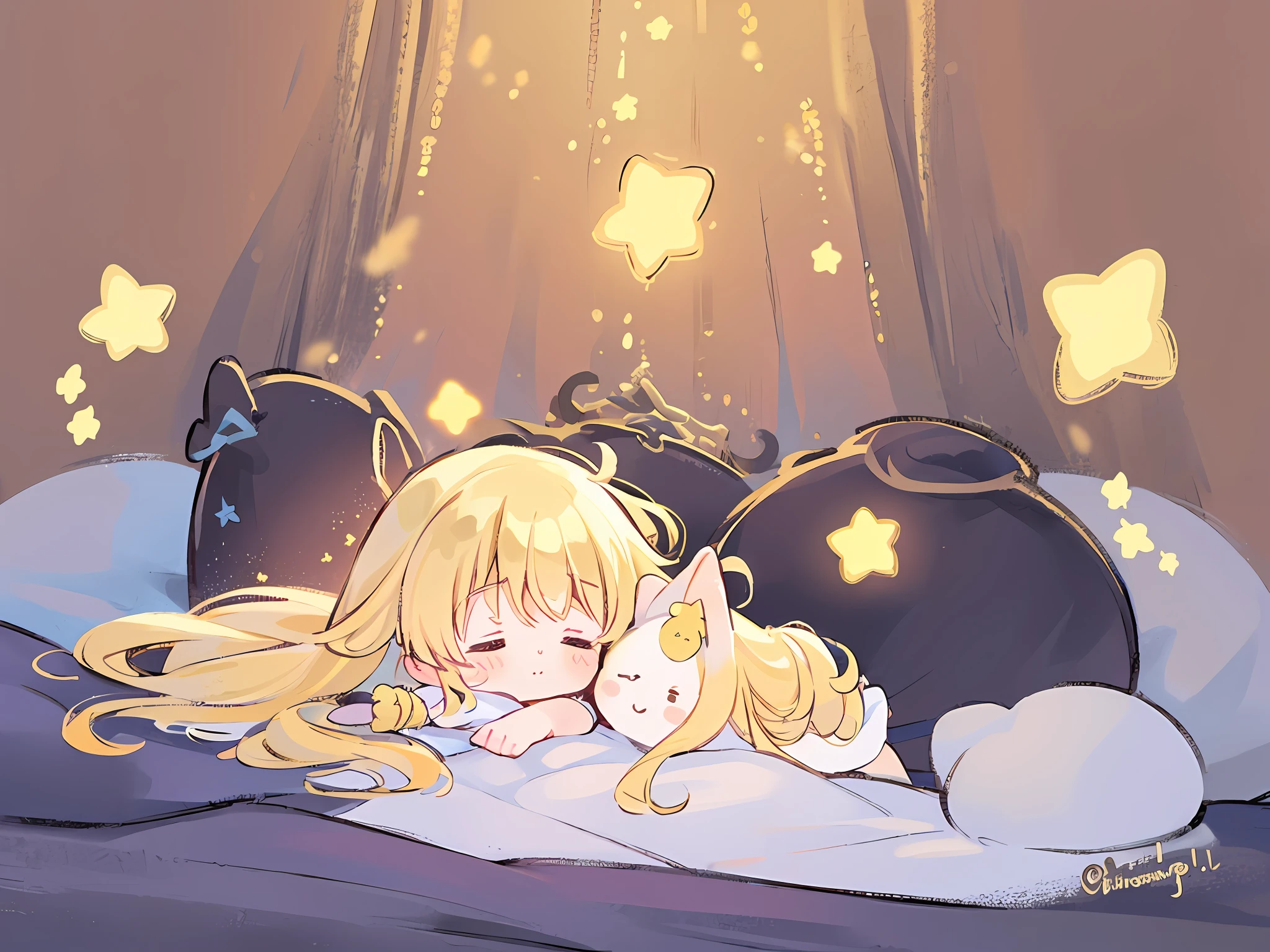 Top Quality, Masterpiece, Ultra High Resolution, Pretty Facial Features, Flat Design, Yellow Themes, Shoshi no Ko, Hoshino Ai, (Sleepy Eyes: 1.1), (Cute Yellow Night Dress), Cute, One Hand on Face, Bedtime, Disheveled Long Hair,
(simple dark background), giant stars shining in the dark, cure, ziyu,