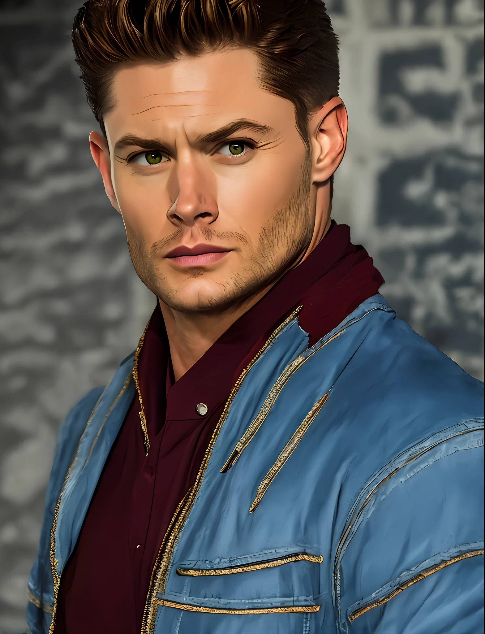 Create Dean Winchester, from the TV show, wearing futuristic batman, with face out