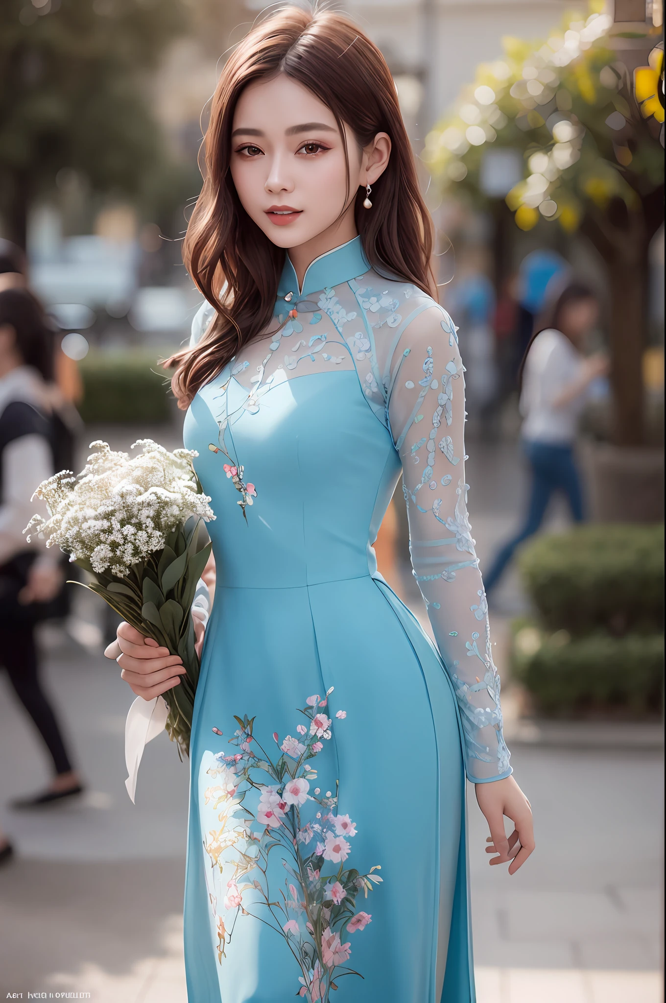 a beautiful girl in vintage colors aodai , masterpiece, best quality, realistic:1.3, street, holding bundle of flowers, sunlight, backlighting, artstation, intricate details, vignett