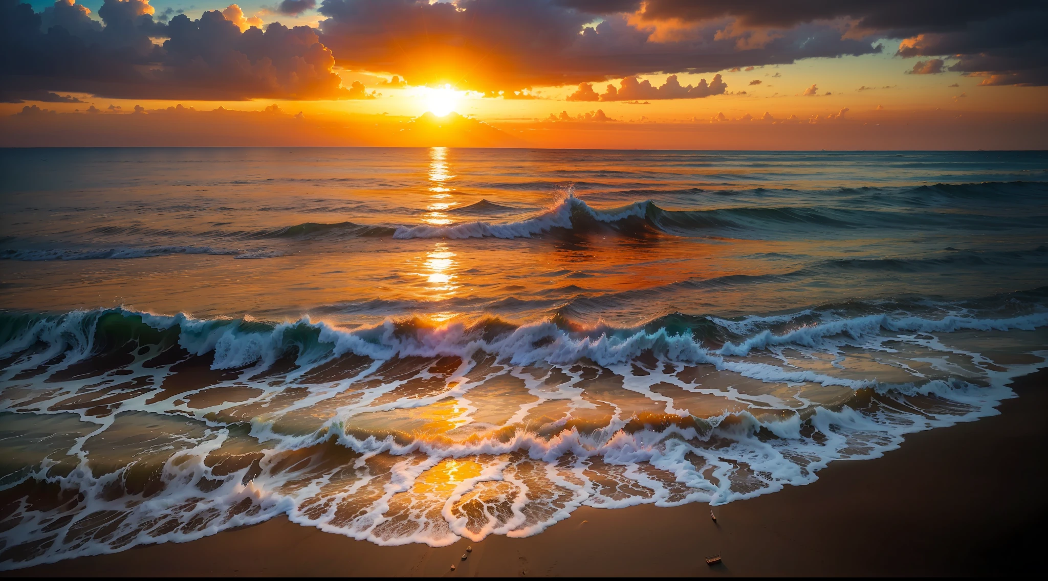 A mesmerizing sunrise over the beach, with a mix of oranges, pinks and yellows filling the sky. The crystal clear waters of the sea gently kiss the coast, with a white sand beach stretching throughout. The scene is dynamic and breathtaking. Soak up the soothing atmosphere and let the tranquility take over you.