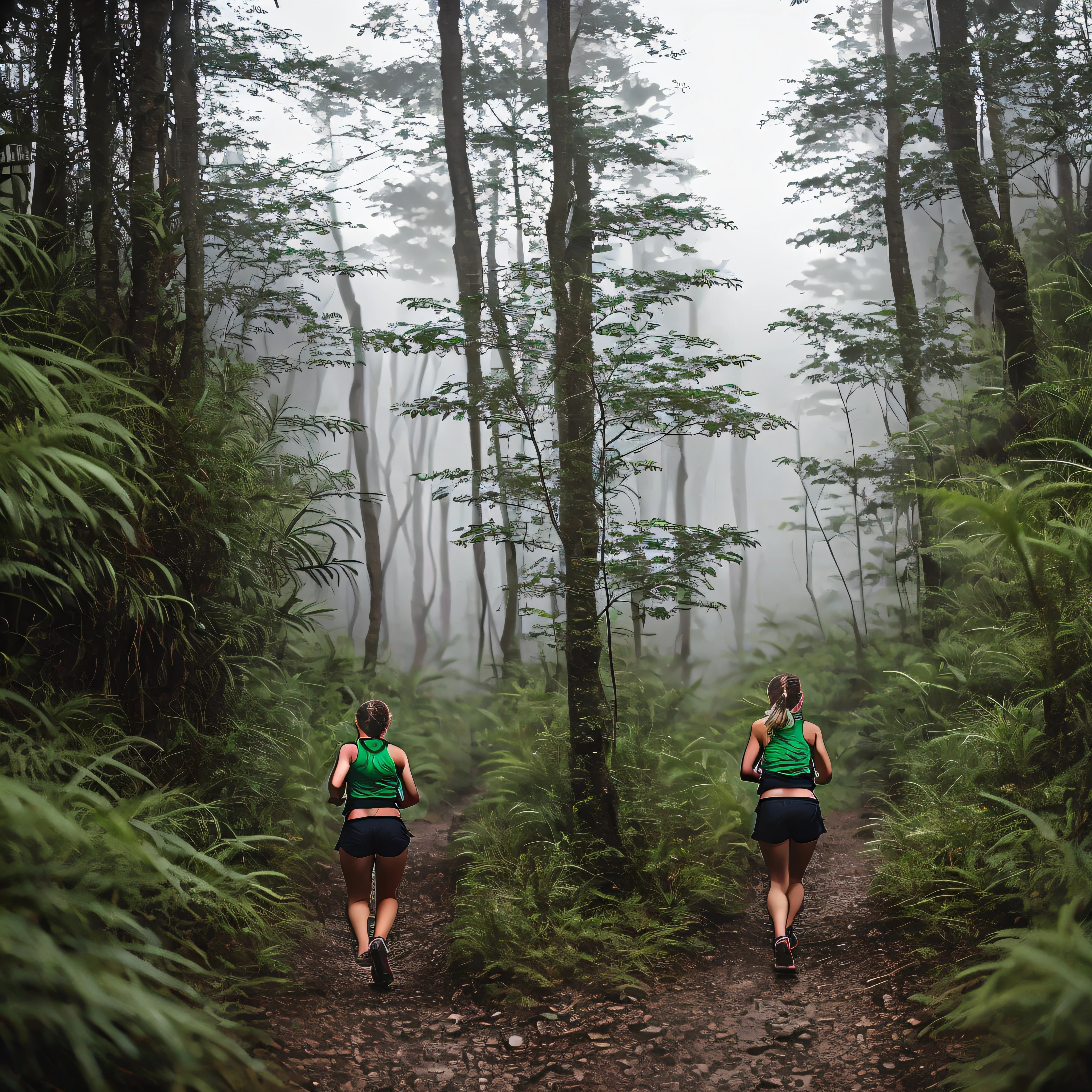 arafed woman running on a trail through a dense forest, girl is running, girl running, in a tropical forest, thunder in the foggy jungle, girl walking in forest, lightroom preset, in green forest, time to climb the mountain path, in foggy forest, foggy jungle, in deep forest, cloud forest, fanart, amidst nature, unsplash contest winning photo