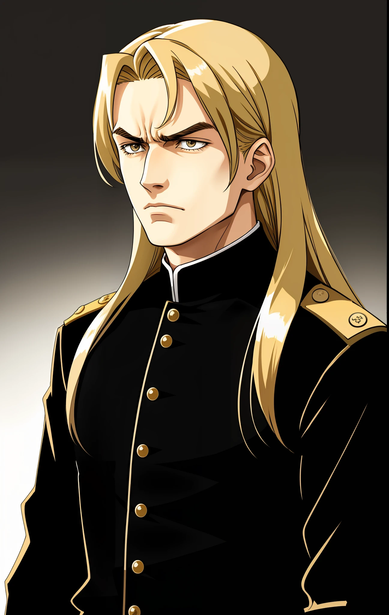 Young general with long blonde hair from the 40's, with a sullen face, black clothes, man, anger