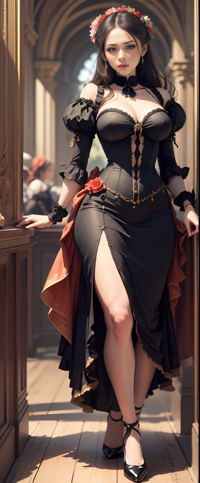 (Pure Color: 0.9), (Color: 1.1), (Masterpiece: 1,2), Best Quality, Masterpiece, High Resolution, Original, Highly Detailed Wallpaper, Beauty, Beauty, Victorian, Dress, Melancholy, Big Breasts, --auto --s2