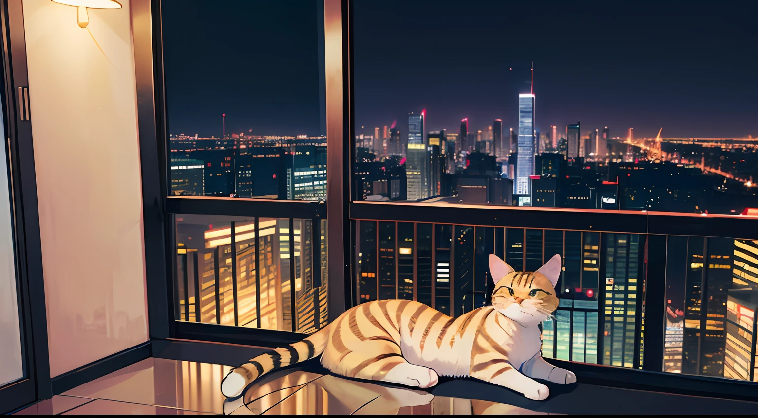 A tabby cat lying lazily on a balcony of a skyscraper, with a breathtaking view of the city at night, full of twinkling lights, towering skyscrapers and reflections in the windows, creating an environment of mystery and sophistication, digital art, high-definition rendering