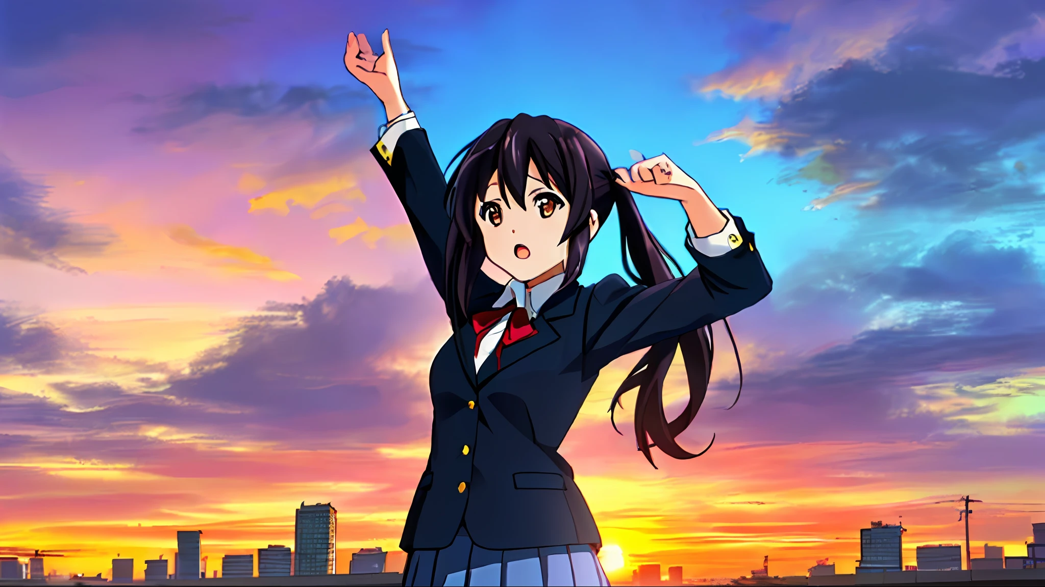 1girl, ((((Masterpiece))), Best Quality, Best Quality, High Detail, Azusa Nakano, 1girl, Sakuragaoka High School Uniform, Musical Instrument, School Uniform, Twin Tails, Long Hair, Black Hair, Brown Eyes, Solo, Red, Dark blue blazer with a thin ribbon of red, Solid white button shirt under blazer, Illustration, Cartoon, Soothing tones, Muted colors, Soft cinematic light, Adobe Lightroom, Photo Lab, HDR, complex and highly detailed, (((depth of field))))). (((Masterpiece))). (((highest quality))).) ((super detail))). (((Illustration))). (((Outside))). (((fighting stance))).,((((Giantization))).dynamic focus.small breasts. (((skyscrapers))). (((Cityscape))). (((Despair Face))). open mouth. (((Sunset))). (((Sunset))).
