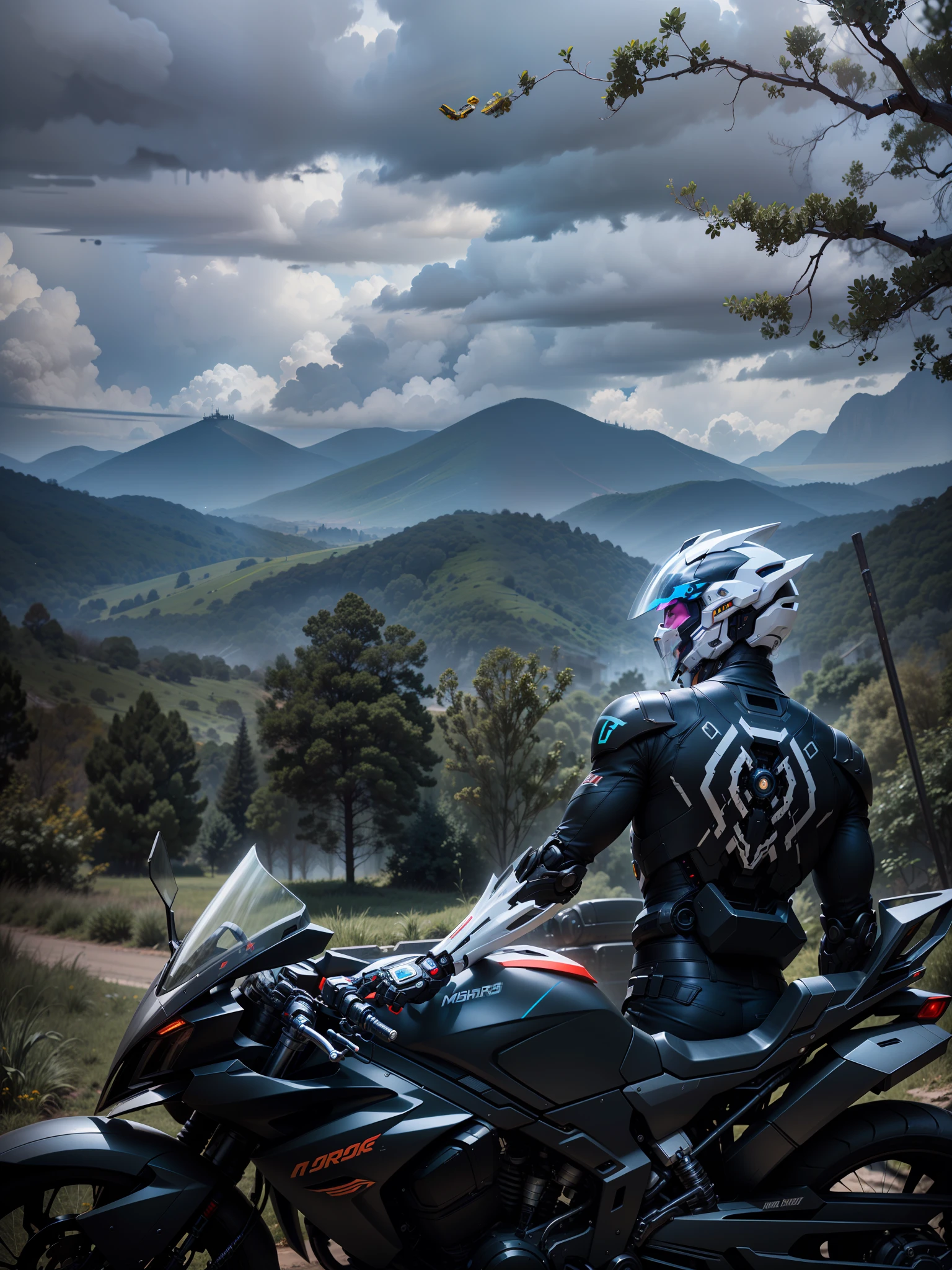 Handsome full body black mecha white short hair cyber handsome warrior, black cyber mechanical motorcycle, high-tech black full surround helmet, white short hair, Nousr, biomechanics, MSHN robot man, high-tech helmet, surreal, steel, complex design, crazy details, fine details, extremely clear lines, cinematic lighting, photo realism, detailed masterpiece