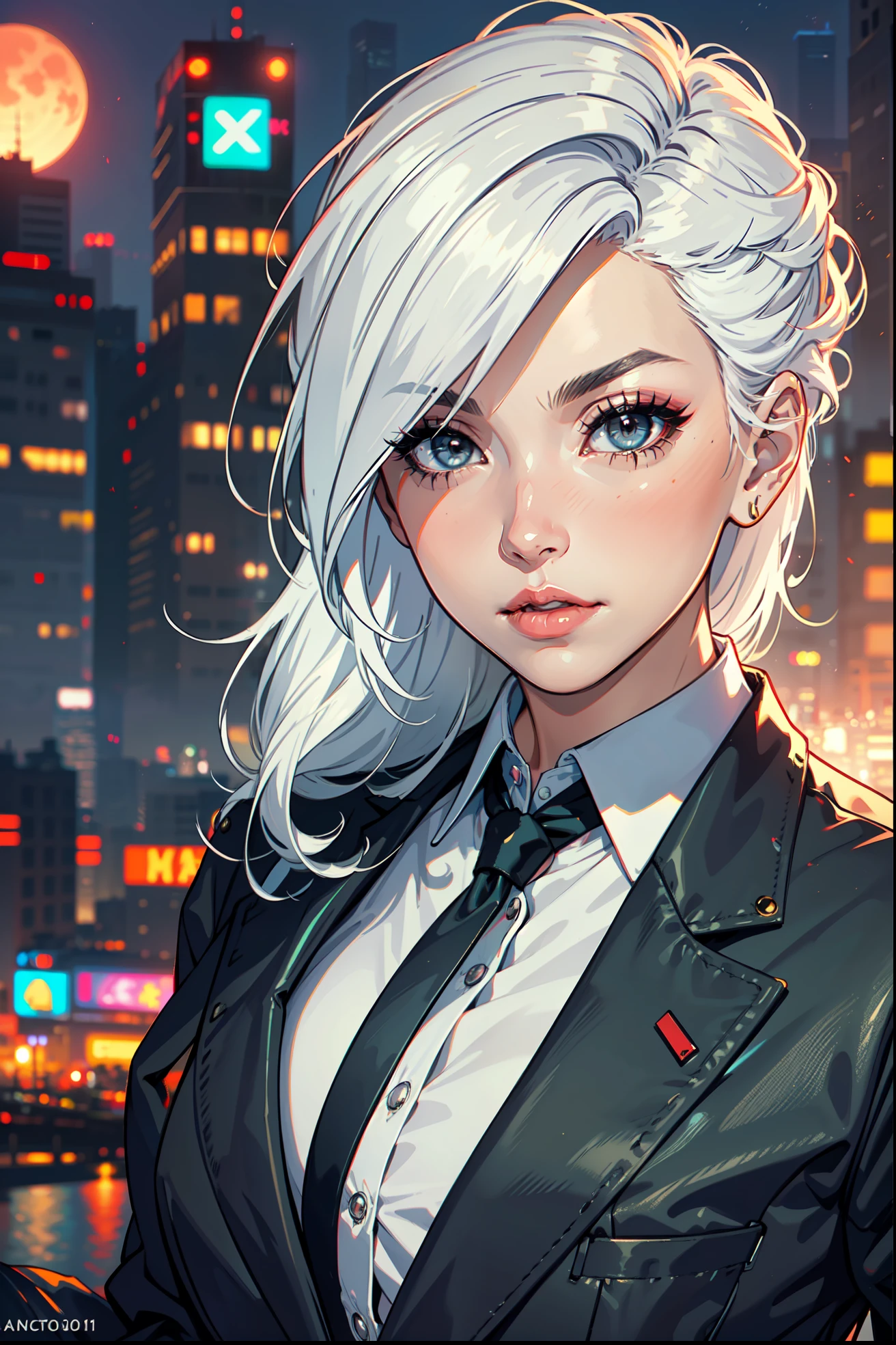 (masterpiece:1.3), (8k, photorealistic, RAW photo, best quality: 1.4), (1girl), beautiful face, (realistic face), Nice hairstyle,Realistic Eyes,Nice detail eyes,(Realistic Skin),Beautiful Skin,Ridiculous,attractive,Ultra high Resolution,an ultra realistic,RAWExtremely detailed,golden proportions, Woman wearing business outfit, formal blazer, white blouse, high waist business skirt, sheer pantyhose, beautiful, masterpiece, best quality, perfect lighting, (white hair:1.4), long hair, (grey eyes:1.2), slender build, thin, medium breasts, business woman, ceo, sitting in luxurious black office chair, giant modern window with view of dusk cyberpunk city skyline in background, close up, dusk, (cyberpunk city background:1.3), (Hazy sky:1.2), (Dim red sun:1.3), eyelashes, dark eyeliner, cyberpunk