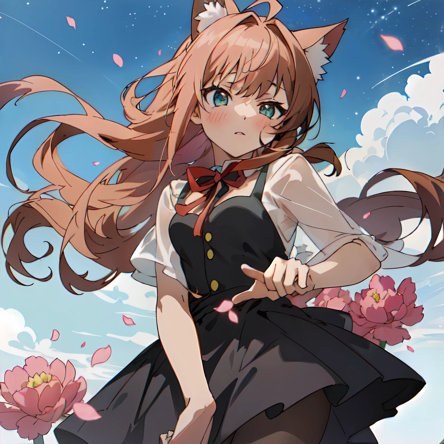 (Super detailed, high resolution, Kyoto animation style anime illustrations, highest quality official art featured: 1.6), beautiful face, eyes, highly detailed body, very detailed hair, lovely hands, perfect hands, beautiful hands, (1 girl: 1.4), (Chibi: 0.8), (cute: 1.2), (cute: 1.2), (1 loli: 1.1), cat ears, (seduction: 1.2), elegance, (blush: 0.7), Floating hair, Ahoge, Deep sky, Star (sky), (Summer (floral: 1.2) Dress: 1.1), Outline , (see-through: 0.85), Rosetail, (Multicolor peony: 1.15), Movie poster, (Colorful: 1.1), Ornament, Petals, (Pantyhose: 1.1), Ribbon, Pink hair