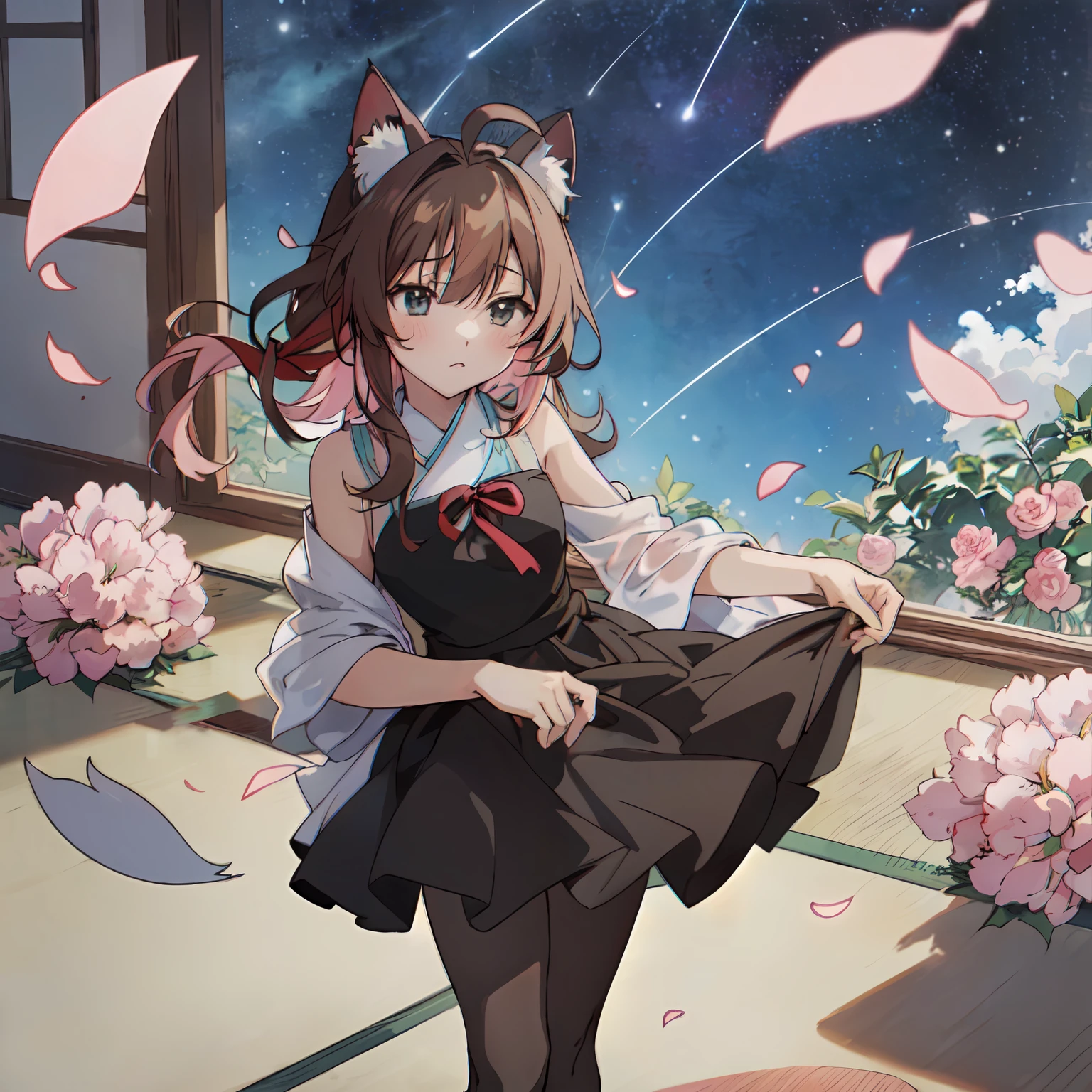 (Super detailed, high resolution, Kyoto animation style anime illustrations, highest quality official art featured: 1.6), beautiful face, eyes, highly detailed body, very detailed hair, lovely hands, perfect hands, beautiful hands, (1 girl: 1.4), (Chibi: 0.8), (cute: 1.2), (cute: 1.2), (1 loli: 1.1), cat ears, (seduction: 1.2), elegance, (blush: 0.7), Floating hair, Ahoge, Deep sky, Star (sky), (Summer (floral: 1.2) Dress: 1.1), Outline , (see-through: 0.85), Rosetail, (Multicolor peony: 1.15), Movie poster, (Colorful: 1.1), Ornament, Petals, (Pantyhose: 1.1), Ribbon, Pink hair