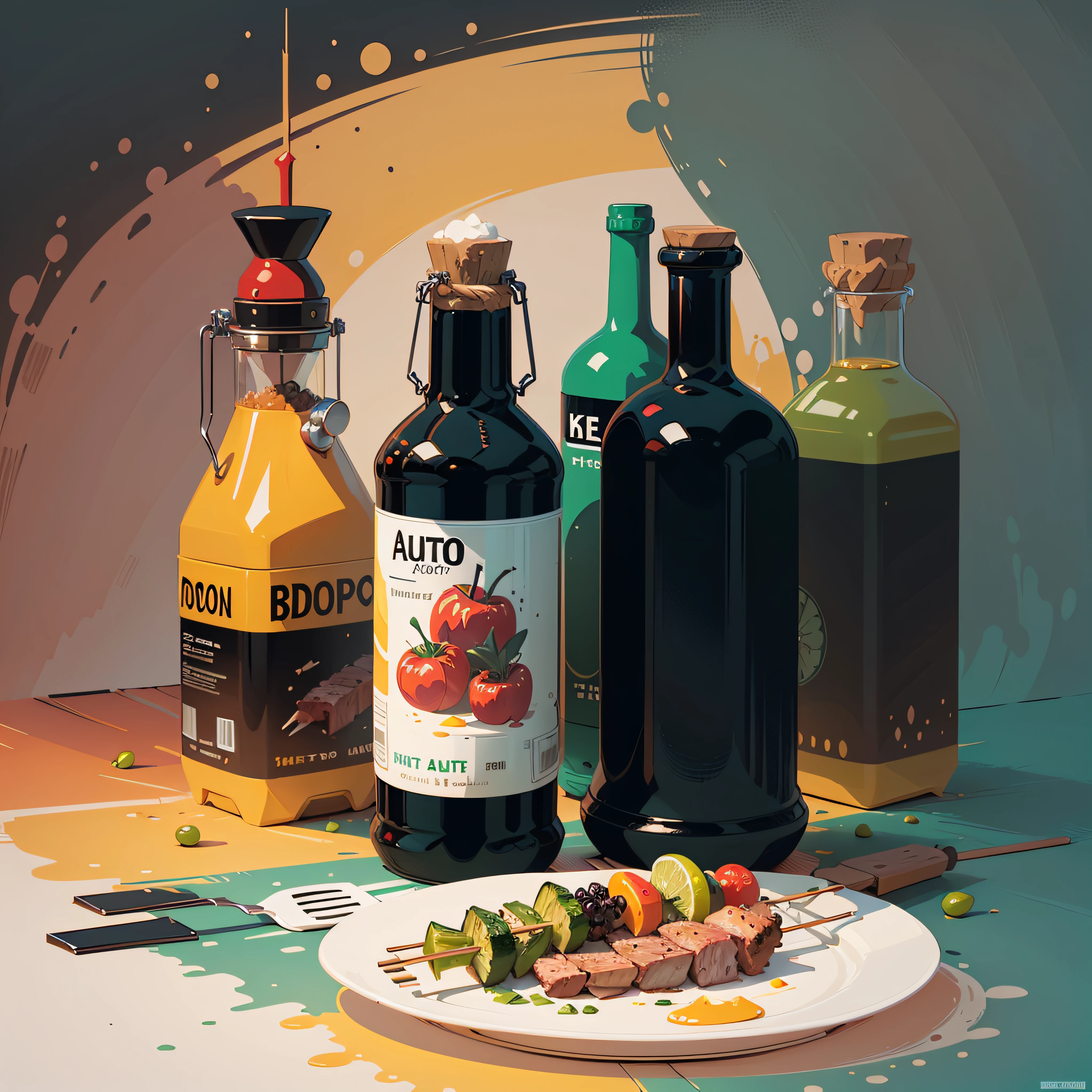 Imagine flat illustration, just one dish in the foreground and on the plate only two skewers of juicy vegetables and a skewer of juicy meat.. And seen in the background, off the plate, a bottle of olive oil, a glass of beer and a black pepper grinder, warm color, bright background, flat illustration, , attractive, beautiful, concept art, pop-art style, cheerful, colorful, interesting --auto