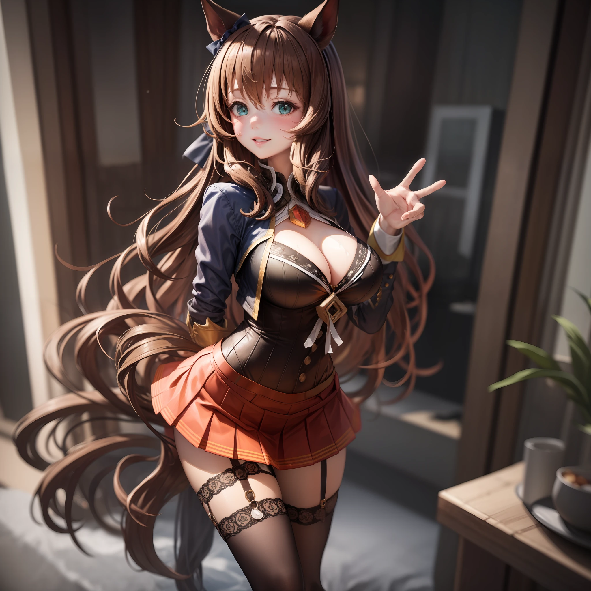(Best Masterpiece: 1.3), (Best Quality: 1.3), Red Costume, Sailor Suit, Mini Skirt, Garter Belt, Knee High Socks, High Heel Boots, Long Hair, Brown Hair, Black Ribbon, Moist Eyes, Right Hand on the Back of the Head, Left Hand on Hips, Wink, Slouch, Lightly Open Lips, Calm Expression, Smile, Shy, Shy, (Huge Breasts: 1.3), Clear Cleavage