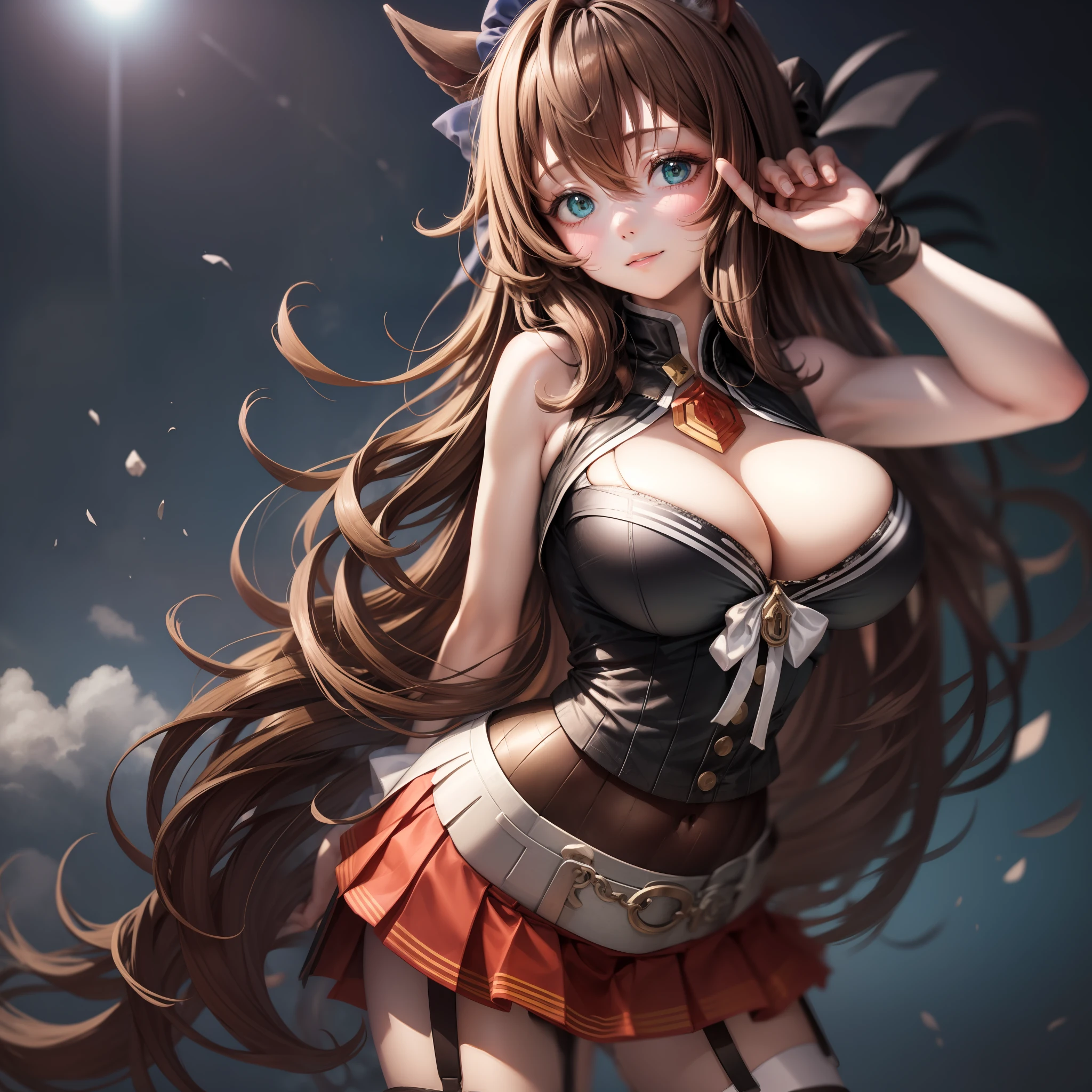 (Best Masterpiece: 1.3), (Best Quality: 1.3), Red Costume, Sailor Suit, Mini Skirt, Garter Belt, Knee High Socks, High Heel Boots, Long Hair, Brown Hair, Black Ribbon, Moist Eyes, Right Hand on the Back of the Head, Left Hand on Hips, Wink, Slouch, Lightly Open Lips, Calm Expression, Smile, Shy, Shy, (Huge Breasts: 1.3), Clear Cleavage