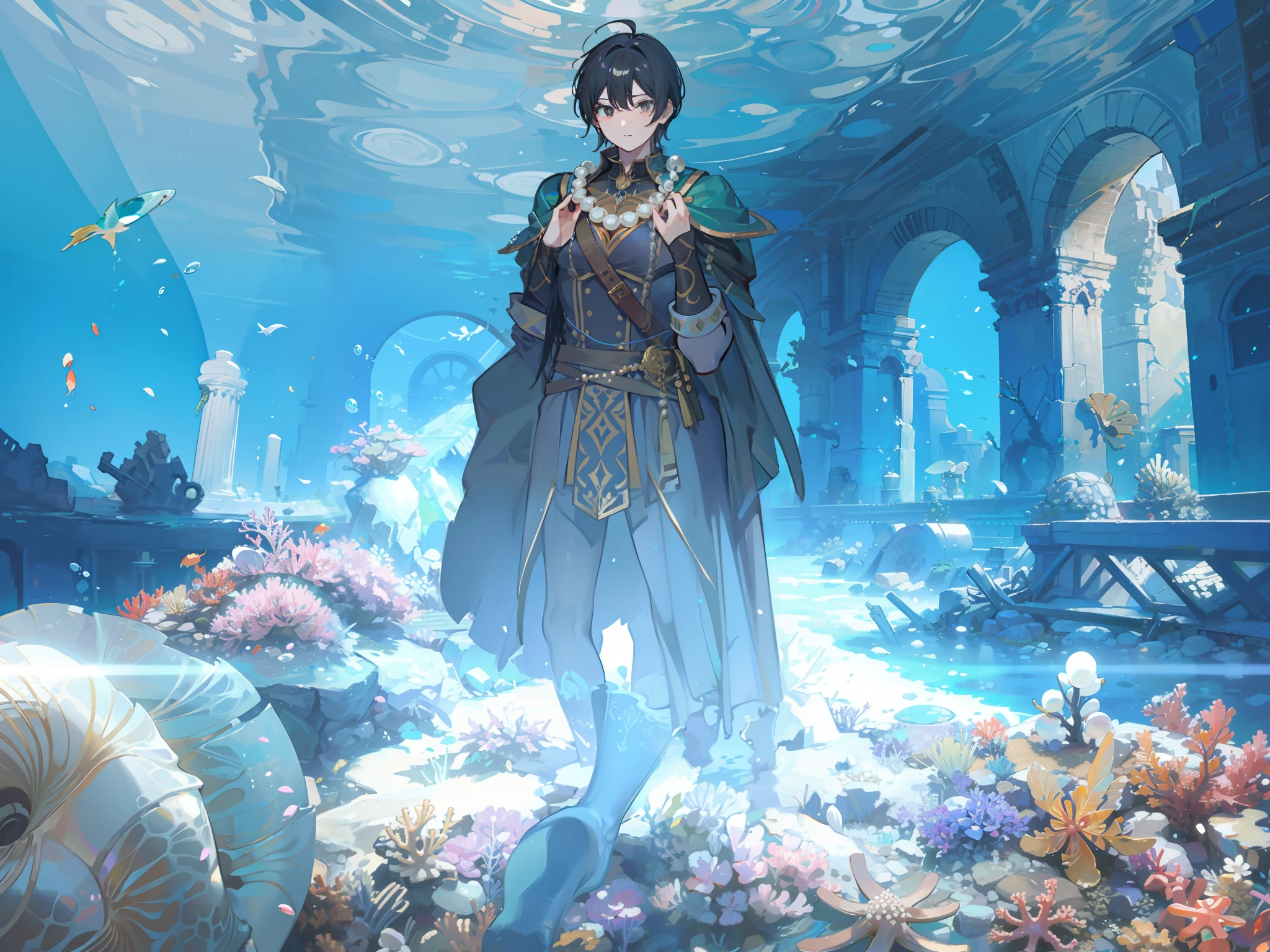 1character, putting on pearl necklace, mid-transformation. ancient underwater ruins, alcoves containing various artifacts, Shimmering pearls, seashells, and coral sculptures adorn. (Masterpiece: 1.2) (Best quality: 1.3)