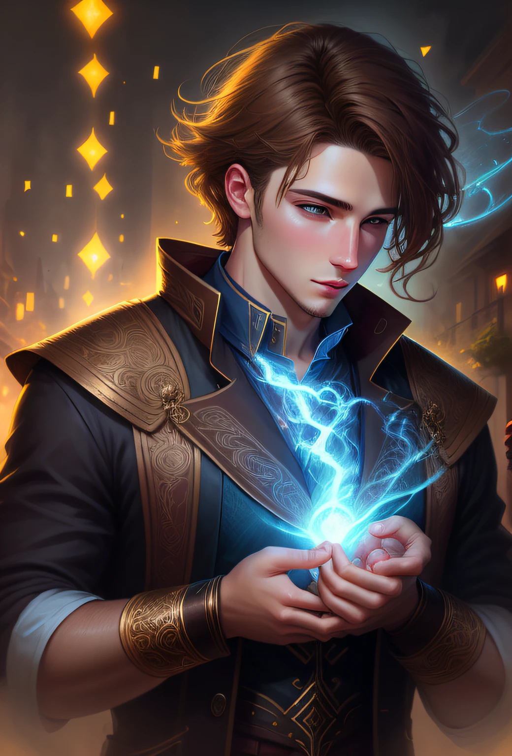 A bright light descends from the sky under a man, a young man of 26 years, blond hair, with blue eyes, who is holding hands with a woman, young man of 20 years, brown hair, brown eyes, in a beautiful garden with many flowers.  Standard human body, two legs, two arms, perfect hands, high definition face, perfect human face, digital illustration, oil painting, high quality, dynamic lighting, ethereal lighting, ultra detail, elegant, masterpiece