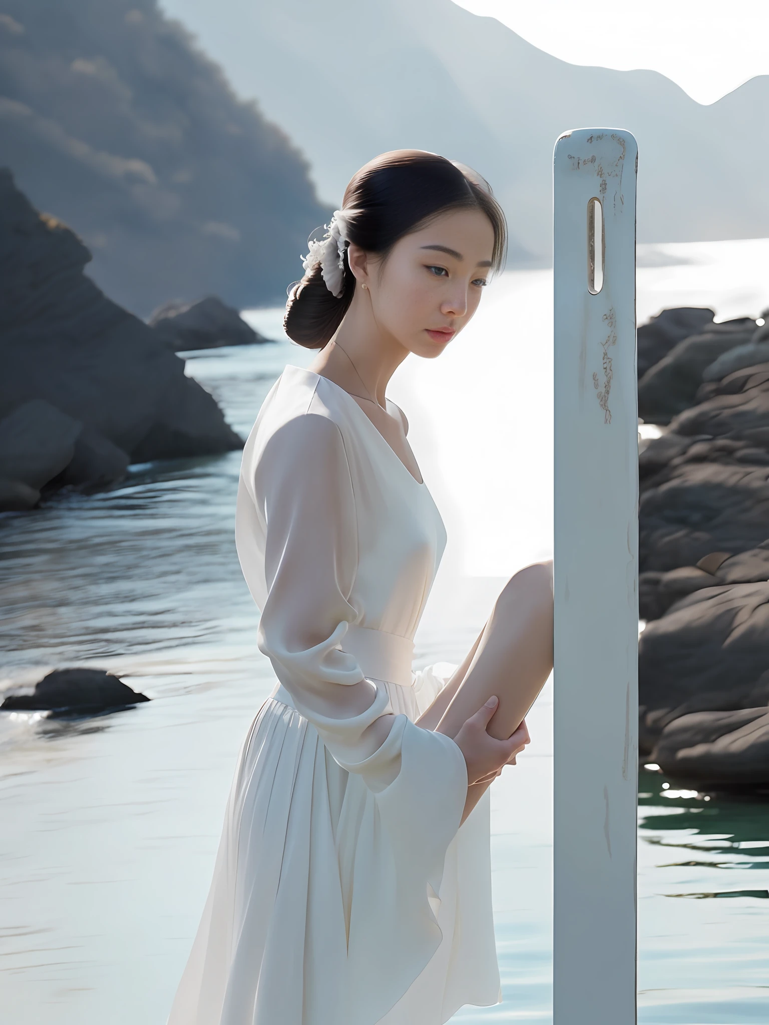 woman in white dress leaning on railing near body of water, with sunglass, wearing white silk robe, white hanfu, elegant cinematic pose, doing an elegant pose, wearing white silk, cute elegant pose, with sunglasses, with backlight, stunning elegant pose, doing an elegant pose over you, inspired by Cui Bai, li zixin, elegant pose