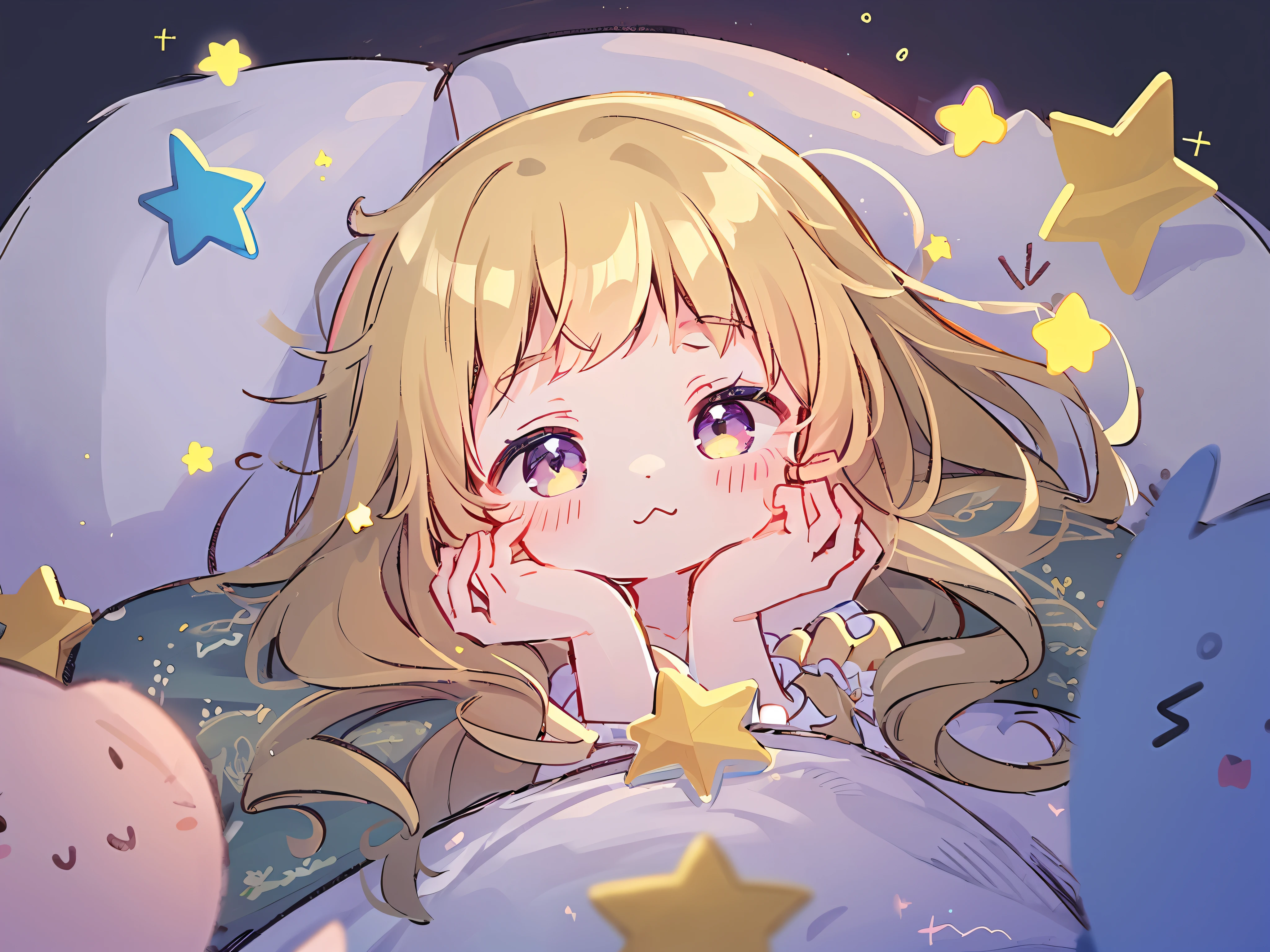 Top Quality, Masterpiece, Ultra High Resolution, Pretty Facial Features, Flat Design, Yellow Themes, Shoshi no Ko, Hoshino Ai, (Sleepy Eyes: 1.1), (Cute Yellow Night Dress), Cute, One Hand on Face, Bedtime, Disheveled Long Hair,
(simple dark background), giant stars shining in the dark, cure, ziyu,