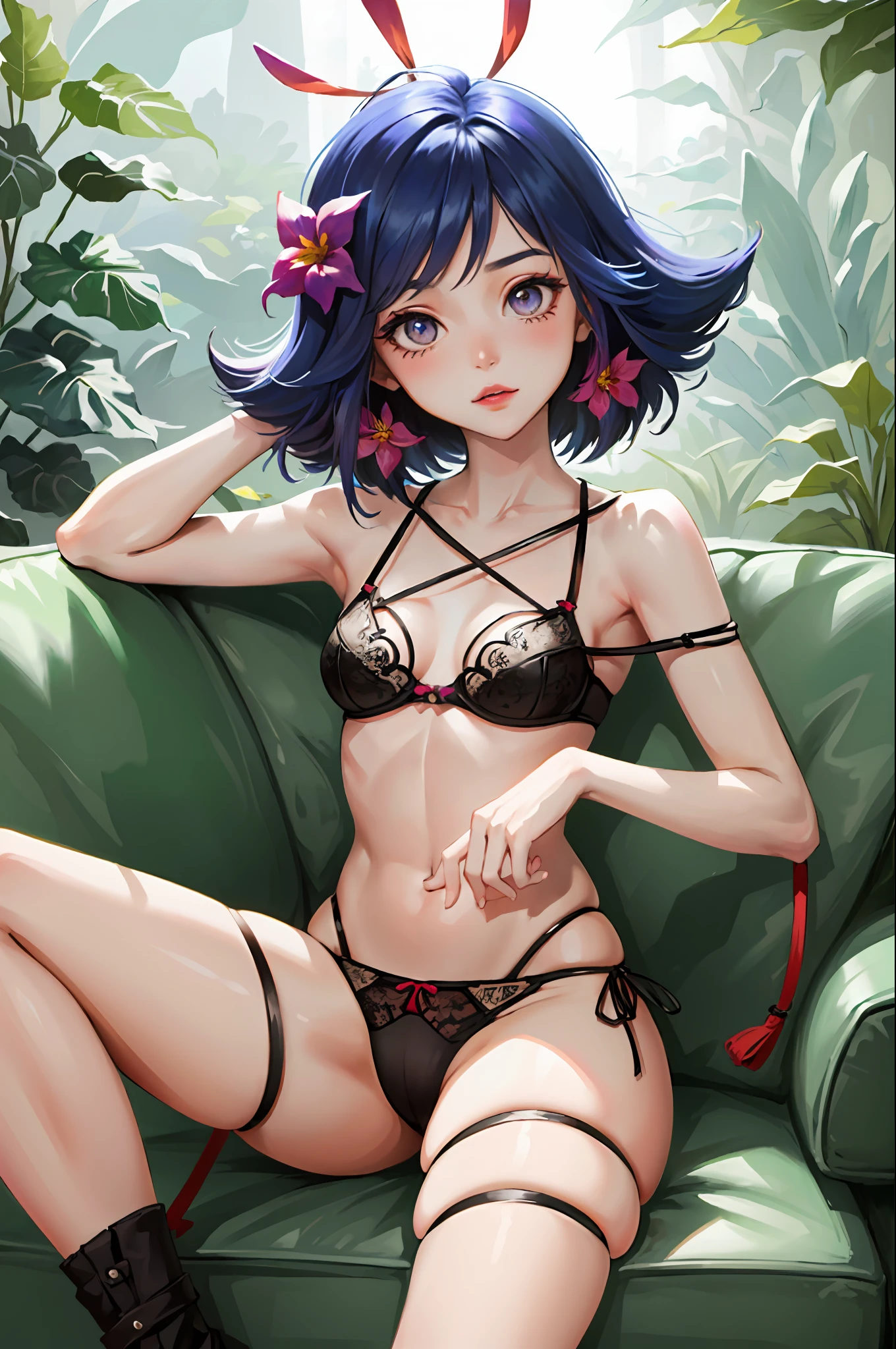 ((Cinematic light, Best quality, 8k, Masterpiece :1.3)), 1girl, Beautiful woman with thin abs :1.4, (purple hair, small breasts :1.3), rope panties, bra :1.2, hopefully falling, seductive open lips, sofa, ultra-detailed face, detailed eyes, double eyelidwork, best quality, Neeko, hair ornaments, hair flower, trying to catch apple on tree, small panties, rainforest background, Bottom-up view