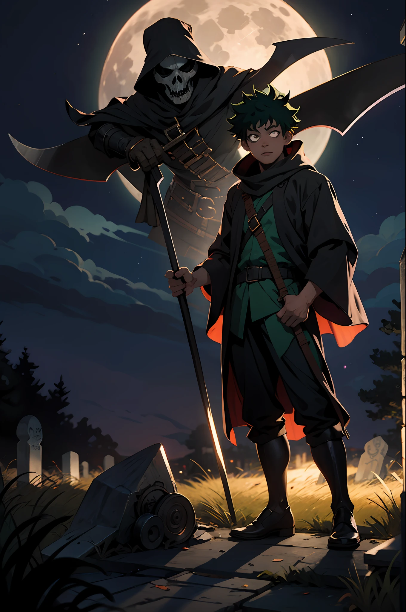 Izuku Midoriya dressed as the grim reaper in plague doctor's clothes, scythe in hand, in a cemetery illuminated by the crimson light of the moon.
