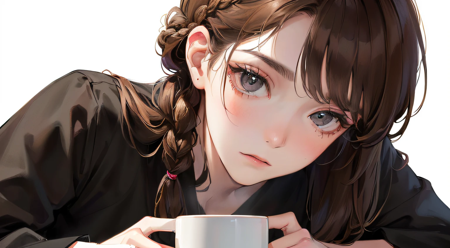 (maximum resolution, distinct_image) Best quality, ((((1 woman))), masterpiece, highly detailed, white background, t white coffee cup on desk, semi-realistic, brown hair, braided hairstyle, expressionless, bangs, 21 years old, mature, young, black shirt, outdoors, delicate facial features, facial features, mid-shot,