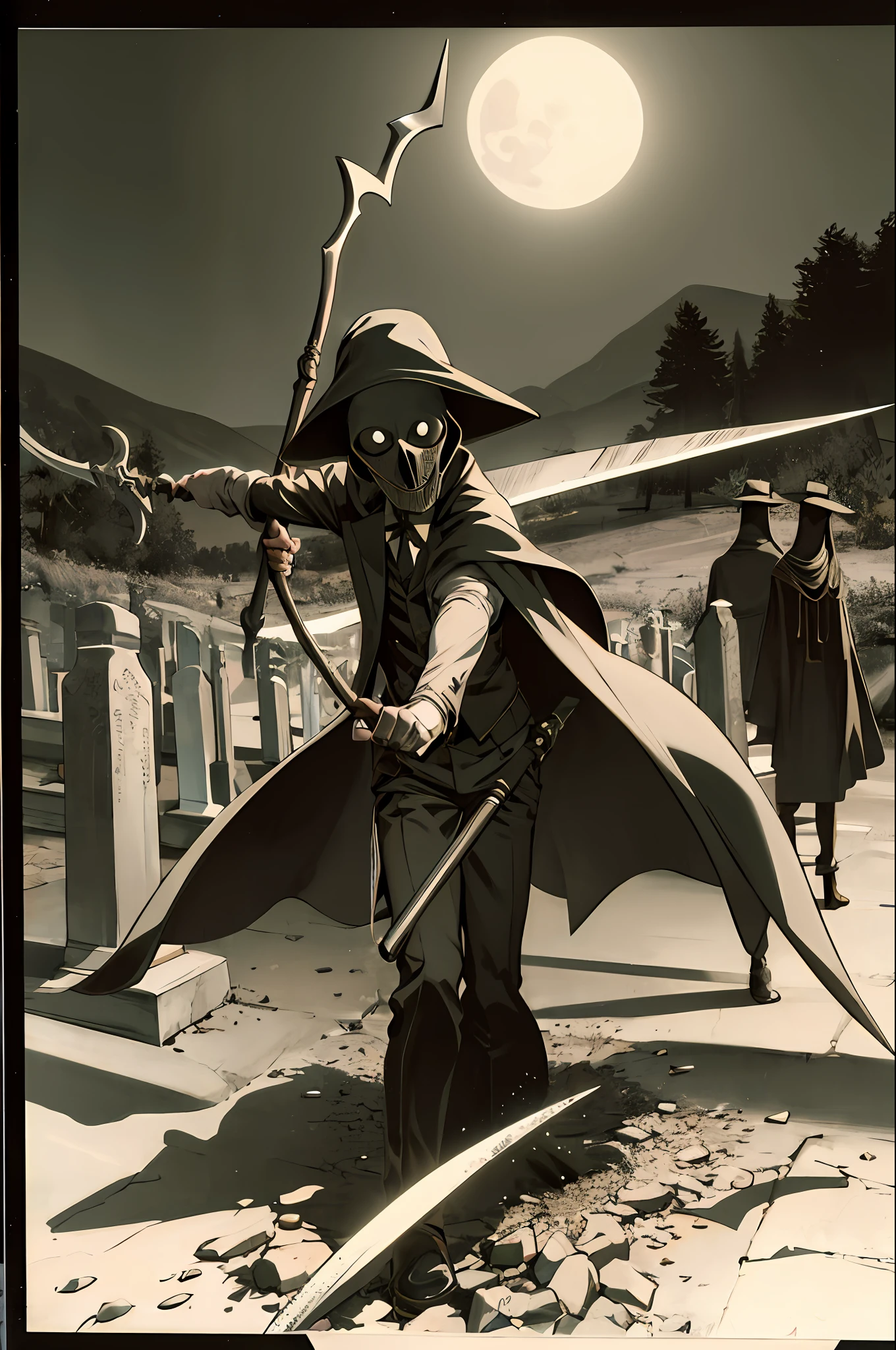 Izuku Midoriya as the grim reaper wearing plague doctor's clothes wielding a scythe on a cementary under the crimson moonlight