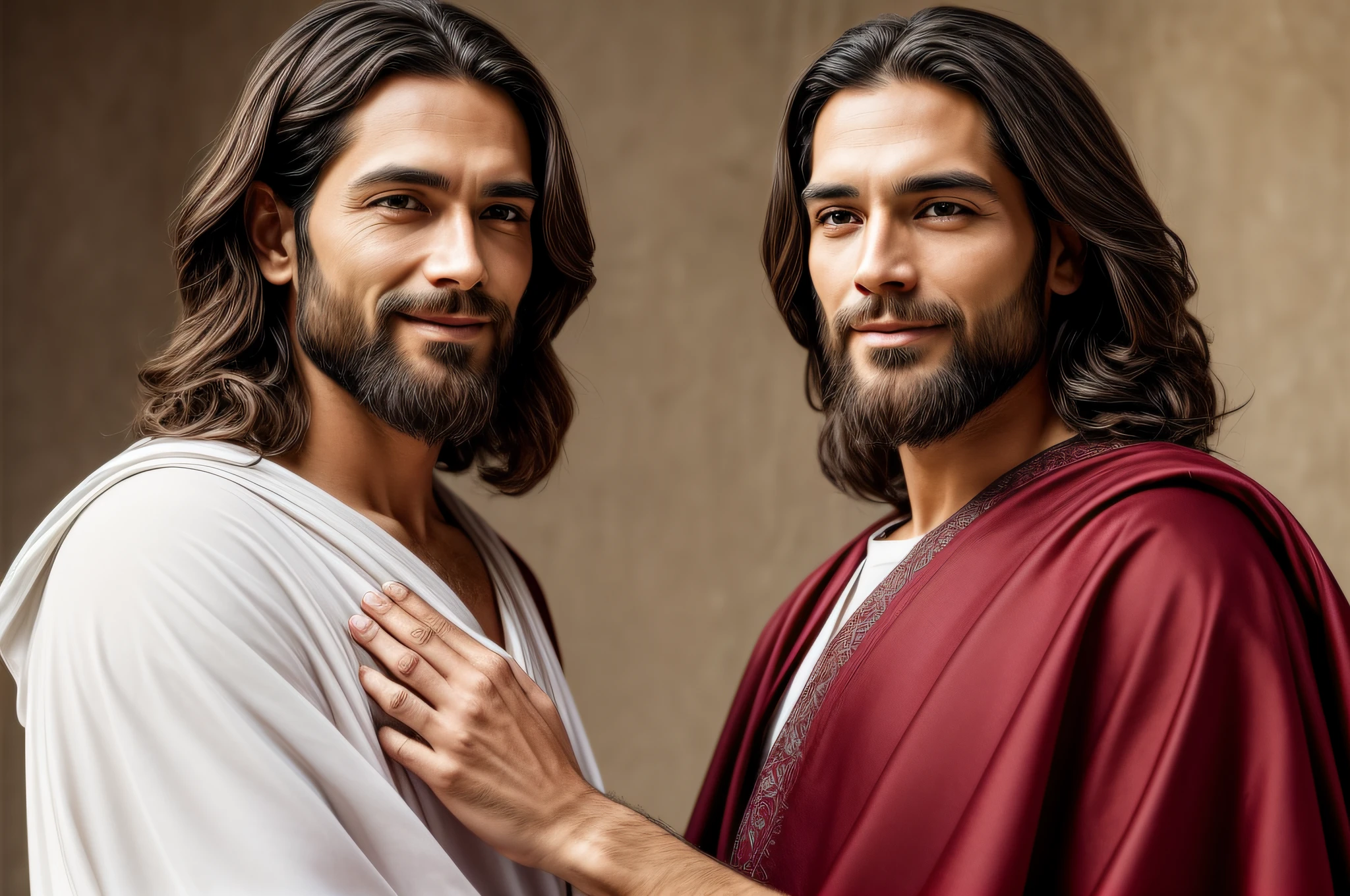 Describe an extremely detailed and realistic picture of Jesus Christ. Describe your face with a broad, high forehead, thick, curved eyebrows, deep, serene eyes, a straight nose and slightly open nostrils, soft lips, and a slight smile of kindness. Her hair is long, brown or light brown, straight and with a smooth, shiny texture, falling in gentle waves around her face. His face has softly defined cheekbones, clear, radiant skin, proportional ears, and slightly elongated lobes. His body has average height, broad shoulders, upright posture and is lean but healthy with slightly defined muscles. His hands are delicate, with long, thin fingers, and his nails are short and well groomed. He wears a white tunic of light, flowing fabric, covering his body up to his feet, with long, drugged sleeves. Over the tunic, he wears a cloak of unique color, such as blue or red, that wraps around his shoulders and falls into careful pleats. The general expression of Jesus is gentle, compassionate, and conveys wisdom and love. His gaze is kind, his smile radiates kindness and he emanates an aura of peace and tranquility, conveying hope and salvation